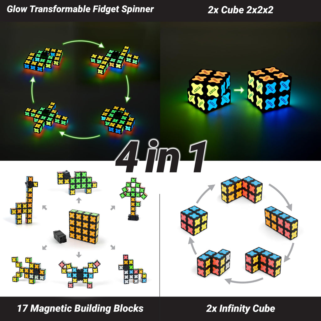 TOSY Magnet Fidget Spinner Mini - 8 Blocks, 3 in 1 Toy: Transformable Fidget Spinner, Infinity Cube, 2x2 Puzzle Cube, Easter Basket Stuffers for Kids/Adults, STEM Sensory Stress Relief Toy