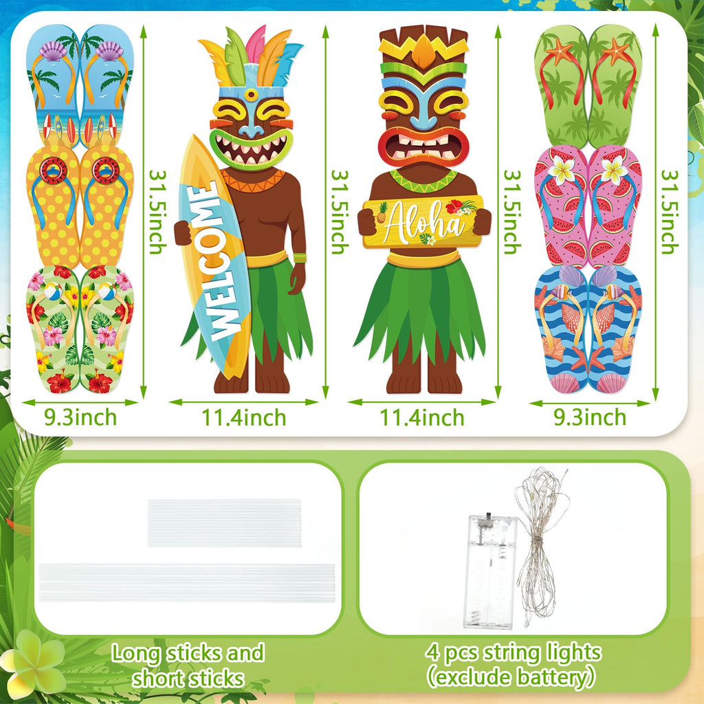 Bencailor 4 Pcs Summer Outdoor Yard Decoration Summer Beach Pool Yard Signs with Stakes LED Hawaiian Themed Party Supplies Beach Ball Surfboard Slipper Decor for Outdoor Lawn Garden Patio