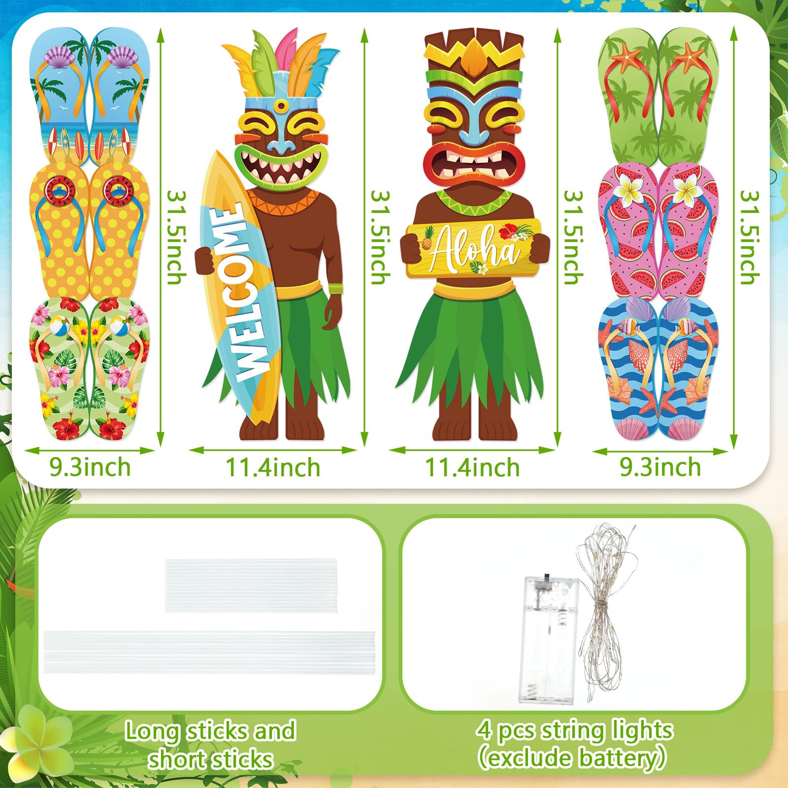 Bencailor 4 Pcs Summer Outdoor Yard Decoration Summer Beach Pool Yard Signs with Stakes LED Hawaiian Themed Party Supplies Beach Ball Surfboard Slipper Decor for Outdoor Lawn Garden Patio