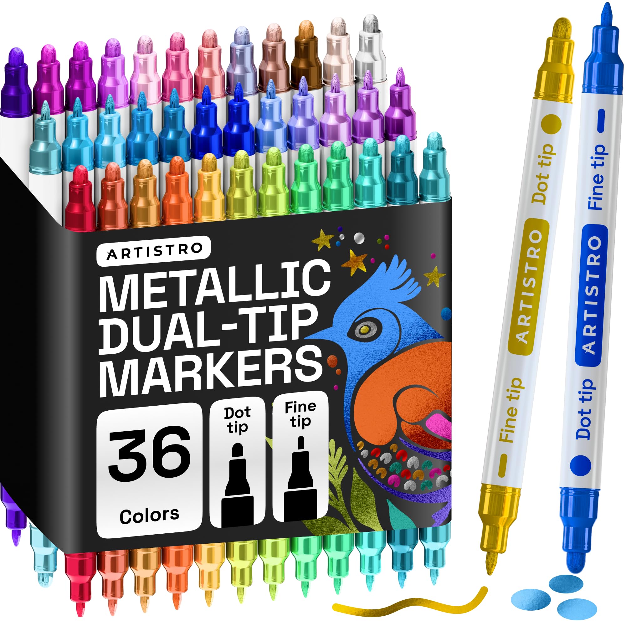 ARTISTRO 36 Dual Tip Pens, Dot & Fine Tips Paint Markers – Paint Pens Set for Fabric, Rock, Glass, Wood, Coloring Books – Arts & Crafts Gift – Classroom Must Haves & School Supplies