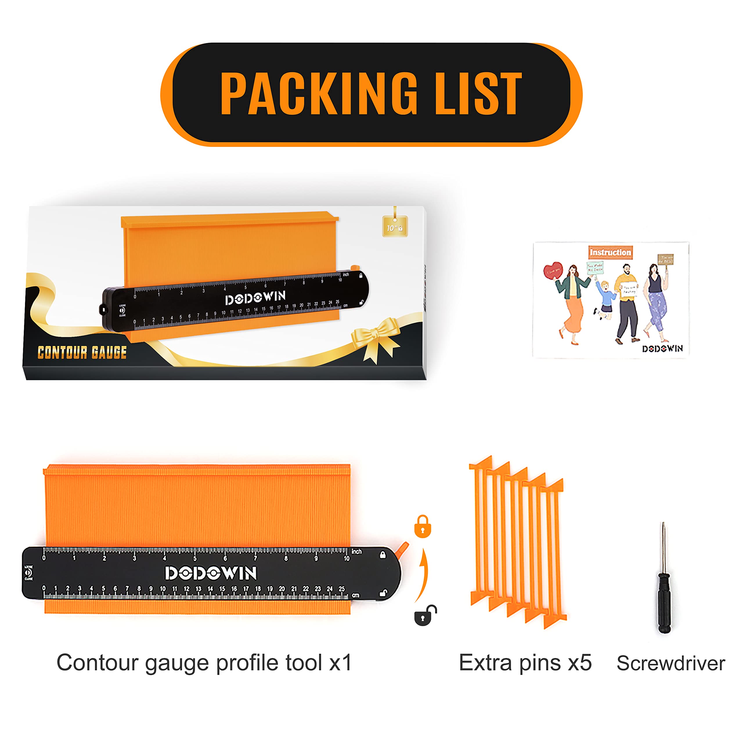 DODOWIN 10+5 Inch Contour Gauge with Lock, Dual Size Profile Duplicator Tool for Flooring, Tile, Woodworking & Irregular Shapes, Shape Outline Gauge, Father’s Day Gifts for Dad Men Husband