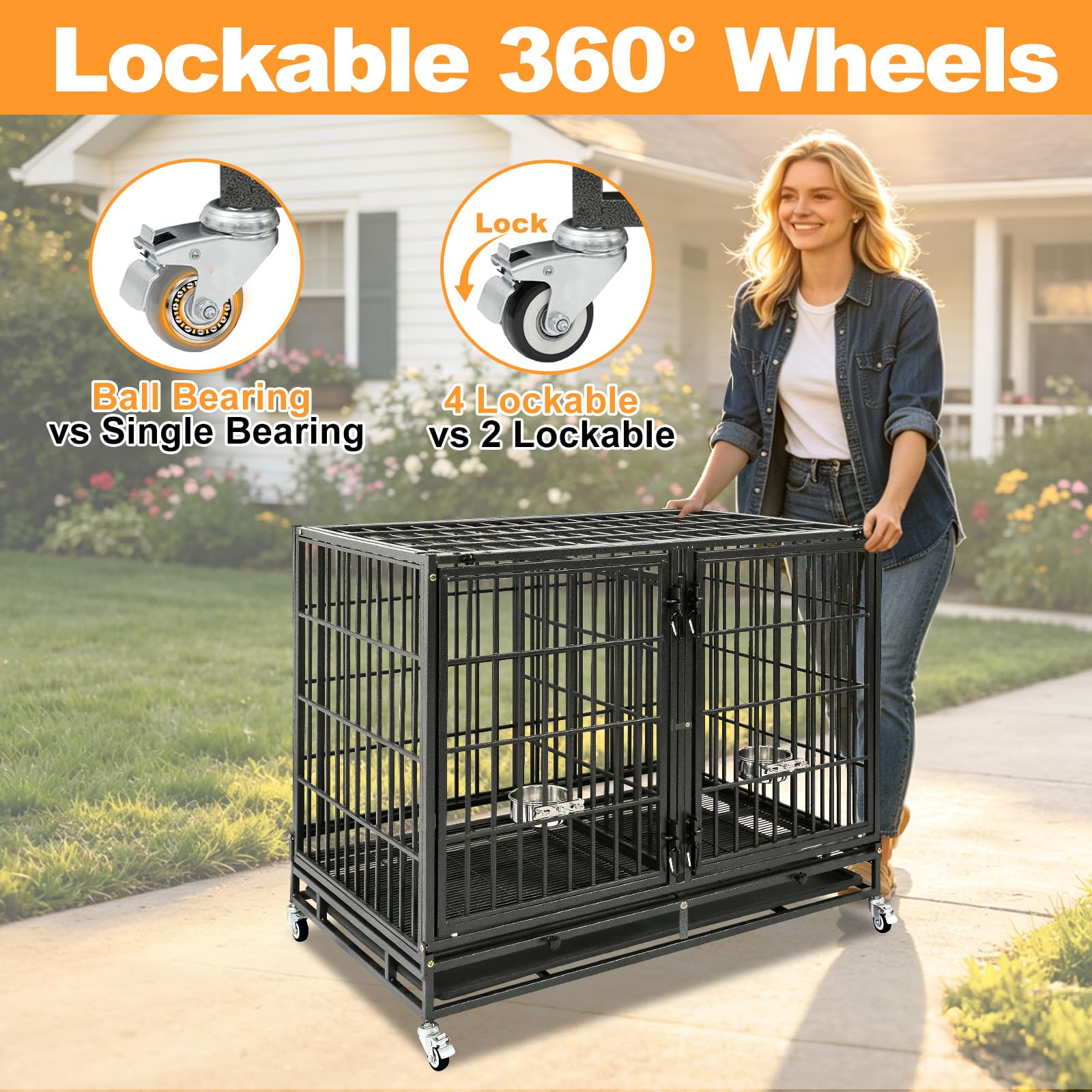 Homey Pet 37 Inch Heavy Duty Dog Crate for Medium Dogs, Stackable Dog Cage with Four Lockable Wheels, Removable Tray & Grid, Open Top, Escape Proof Dog Kennel Indoor