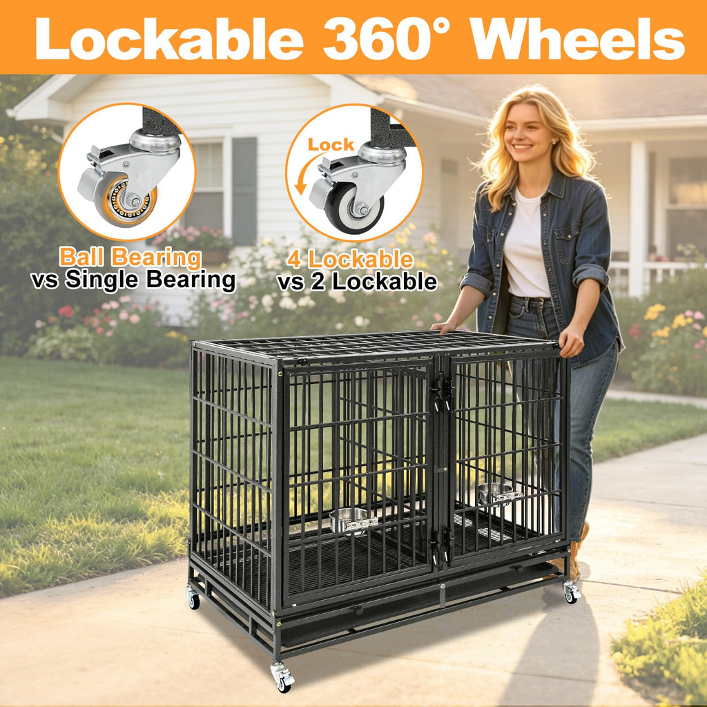 Homey Pet 37 Inch Heavy Duty Dog Crate for Medium Dogs, Stackable Dog Cage with Four Lockable Wheels, Removable Tray & Grid, Open Top, Escape Proof Dog Kennel Indoor