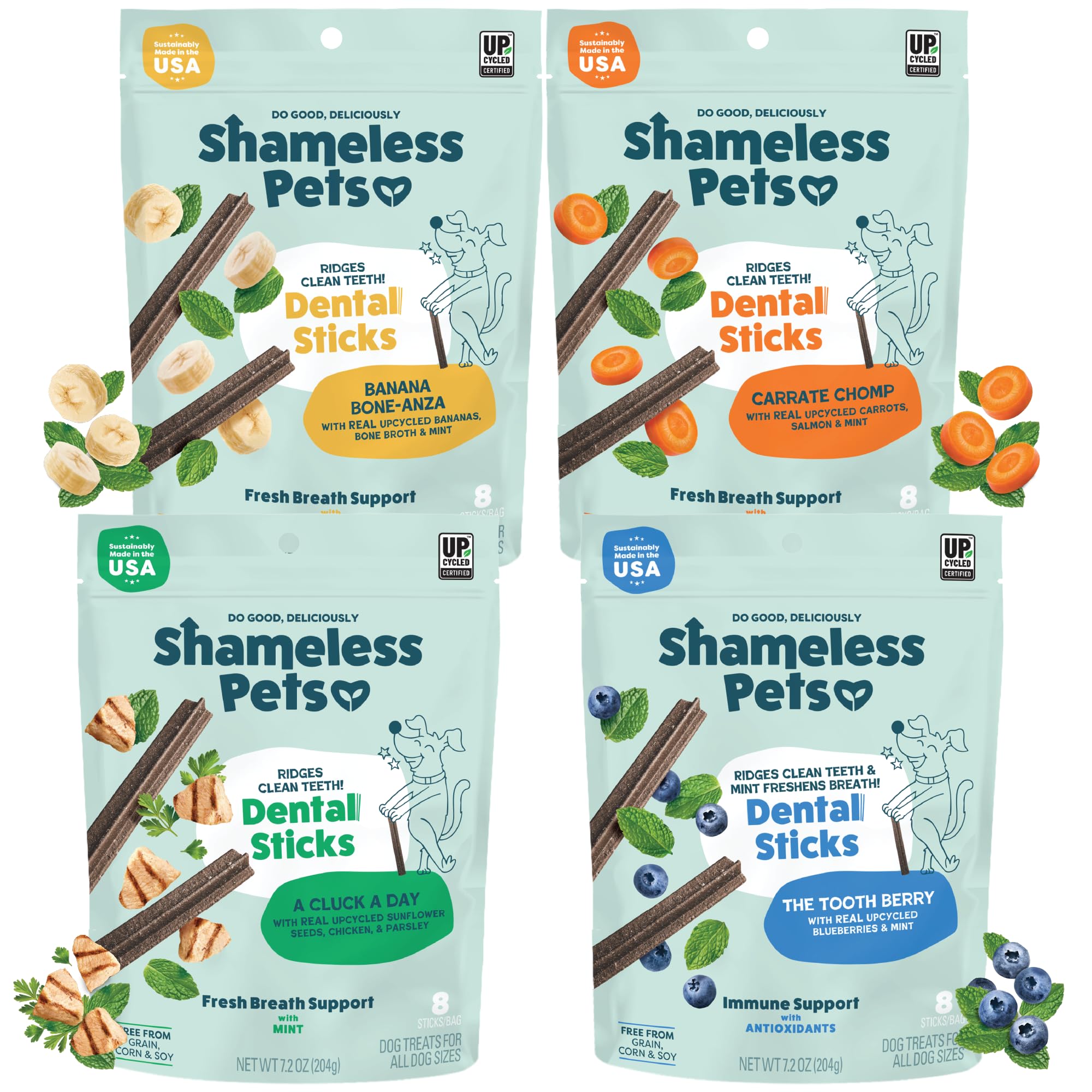 Shameless Pets Blueberry & Mint Dental Chews for Dogs, 8 Chews - Natural Dog Teeth Cleaning Treats with Fresh Breath Benefits | Grain-Free Dental Sticks for Small, Medium & Large Dogs