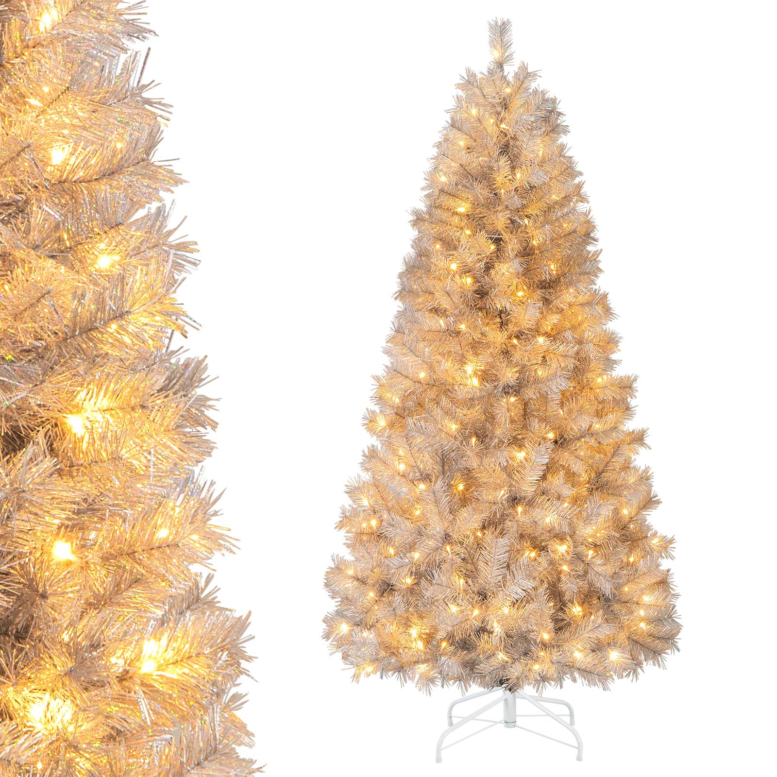 Goplus 7FT Pre-Lit Artificial Christmas Tree Auto-Spread/Close up Branches 11 Flash Modes with Multicolored 400 LED Lights & Metal Stand