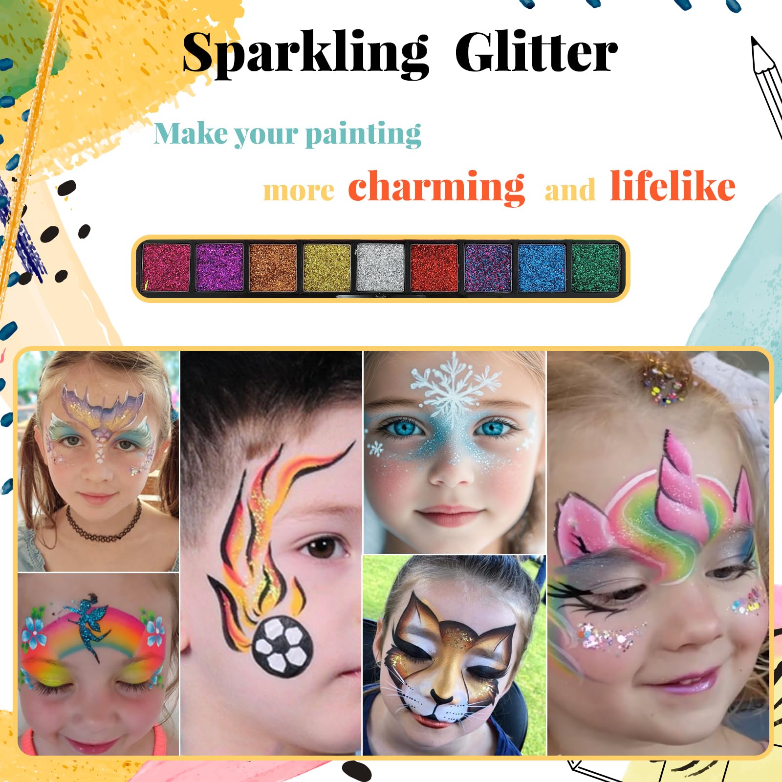 Face Painting Kit for Kids, 42 Colors Professional Face Paint Makeup Kit Non-Toxic Water Activated Facepaint Palette with Brush, Stencil, Sponge, Gem, for Party Halloween Christmas (42 Colors)