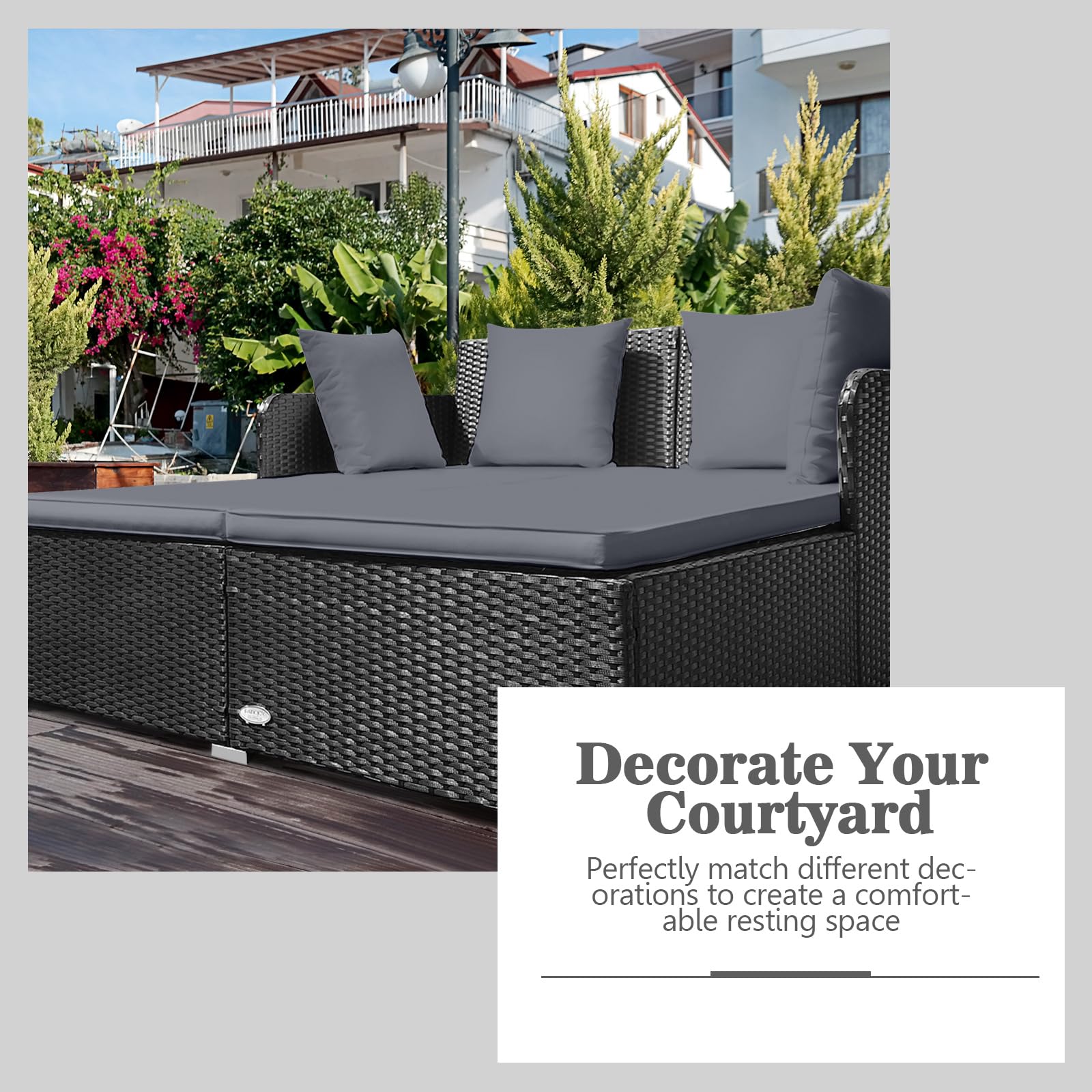 Tangkula Patio Rattan Daybed with Retractable Canopy, Outdoor Wicker Sunbed Lounger with 2 Foldable Side Tables, Thick Seat & Back Cushions, Outside Double Daybed for Garden, Backyard, Porch
