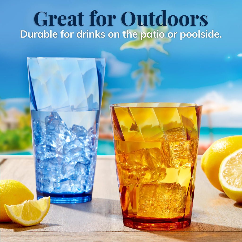 US Acrylic Optix Plastic Reusable Drinking Glasses (Set of 8) 20oz Water Cups in Jewel Tone Colors | BPA-Free Tumblers, Made in USA | Top-Rack Dishwasher Safe