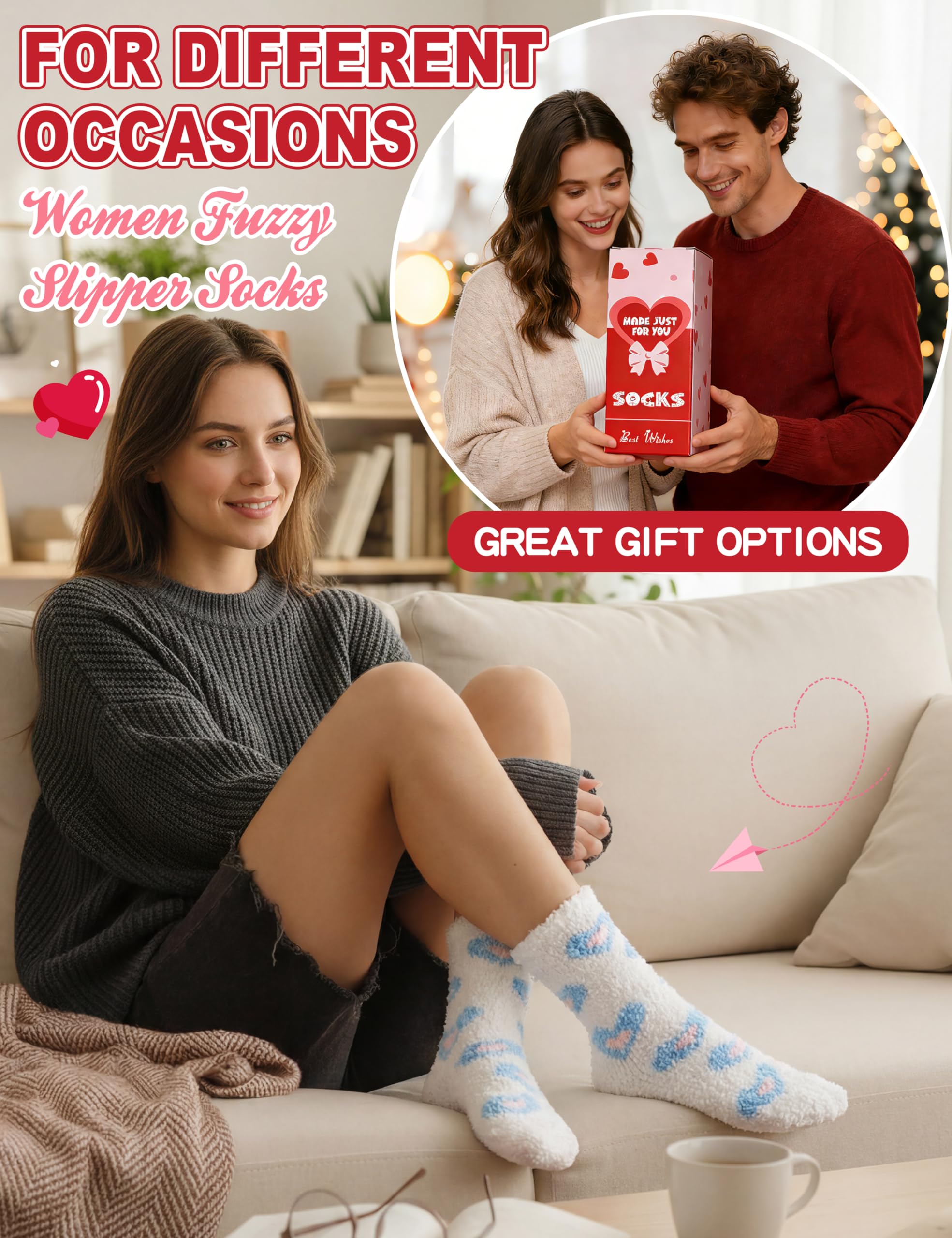 Womens Fuzzy Socks Warm Fluffy Cozy Winter Slipper Thick Fleece Heart Socks 5 Pairs