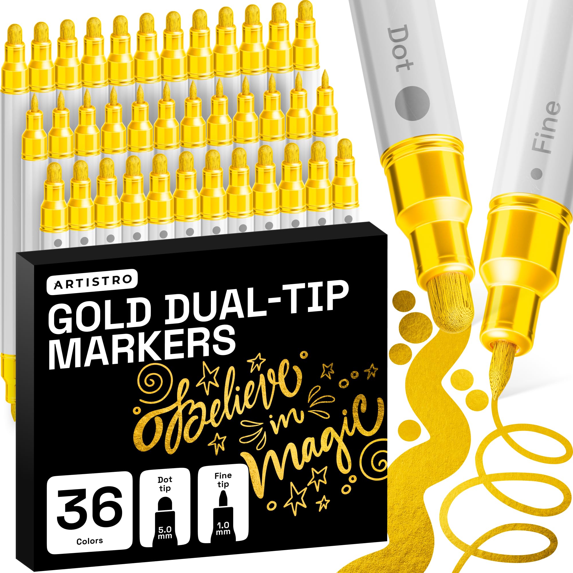 ARTISTRO 36 Dual Tip Pens, Dot & Fine Tips Paint Markers – Paint Pens Set for Fabric, Rock, Glass, Wood, Coloring Books – Arts & Crafts Gift – Classroom Must Haves & School Supplies