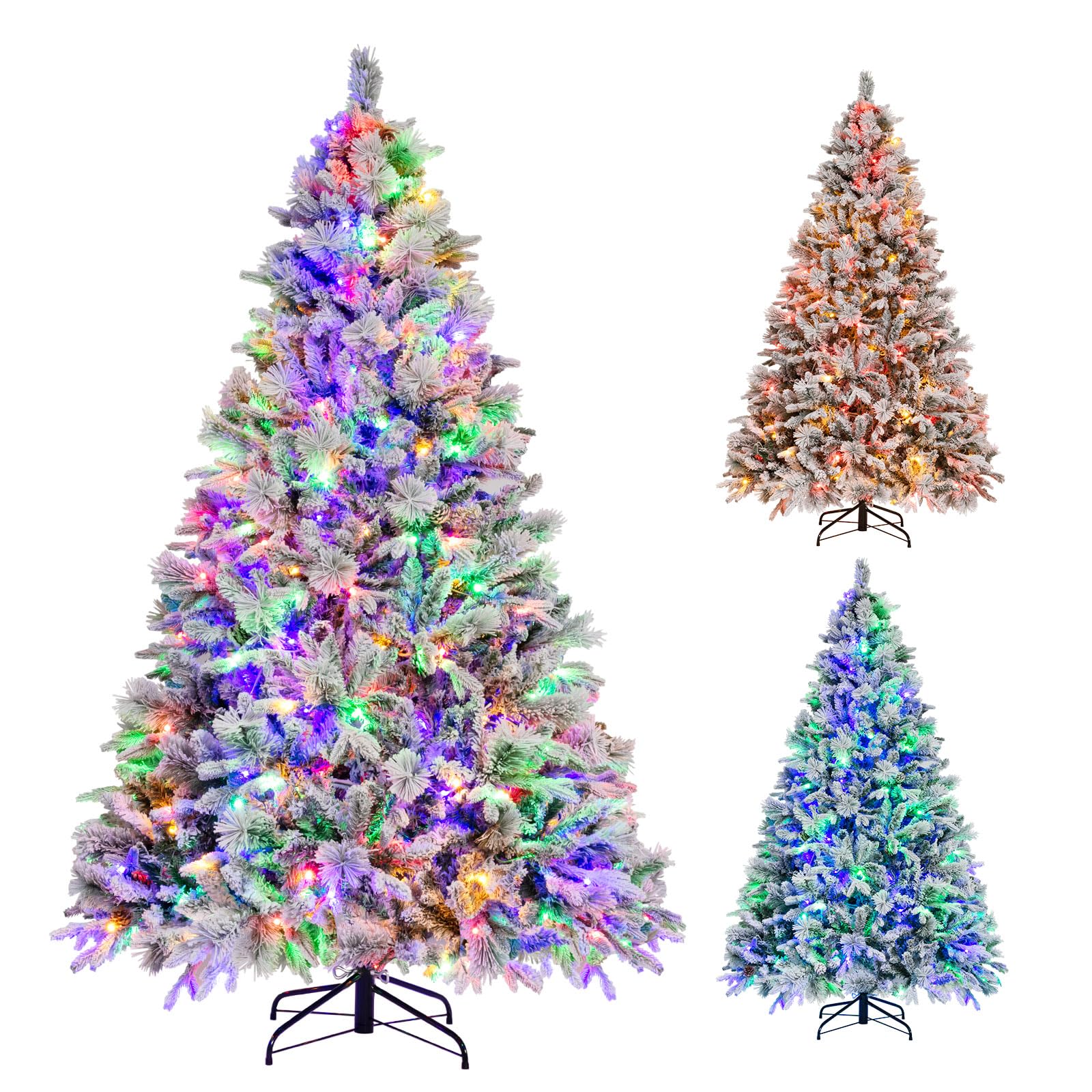 Goplus 7ft Pre-Lit Snow Flocked Christmas Tree, Artificial Hinged Xmas Tree with 320 Multi-Color LED Lights, 8 Lighting Modes, 1270 Branch Tips, Pine Needles, Pine Cones, Holiday Office Home Décor