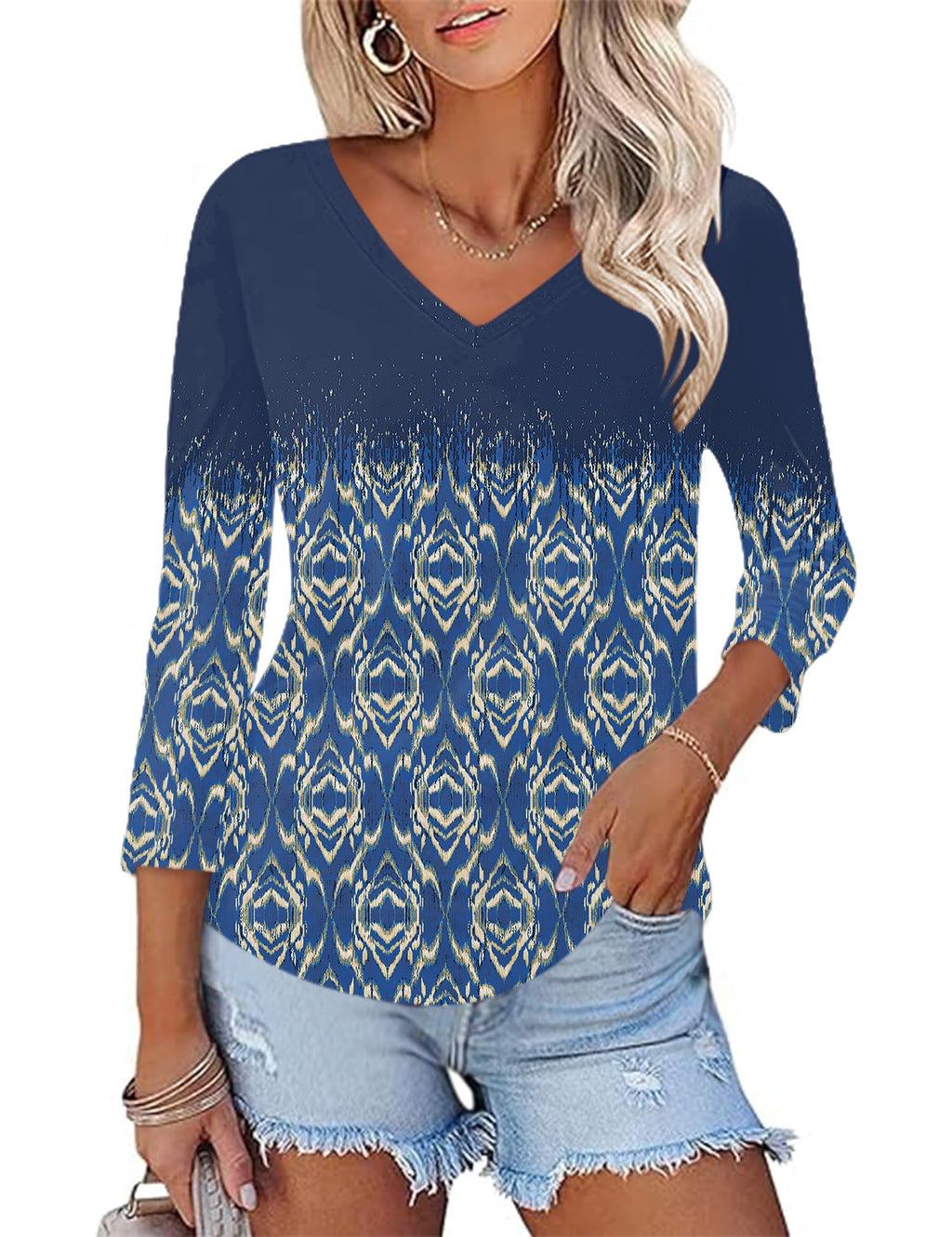 KTILG Women's V Neck T Shirts 3/4 Sleeve Blouse Summer Tops Dressy Casual Solid Basic Tees