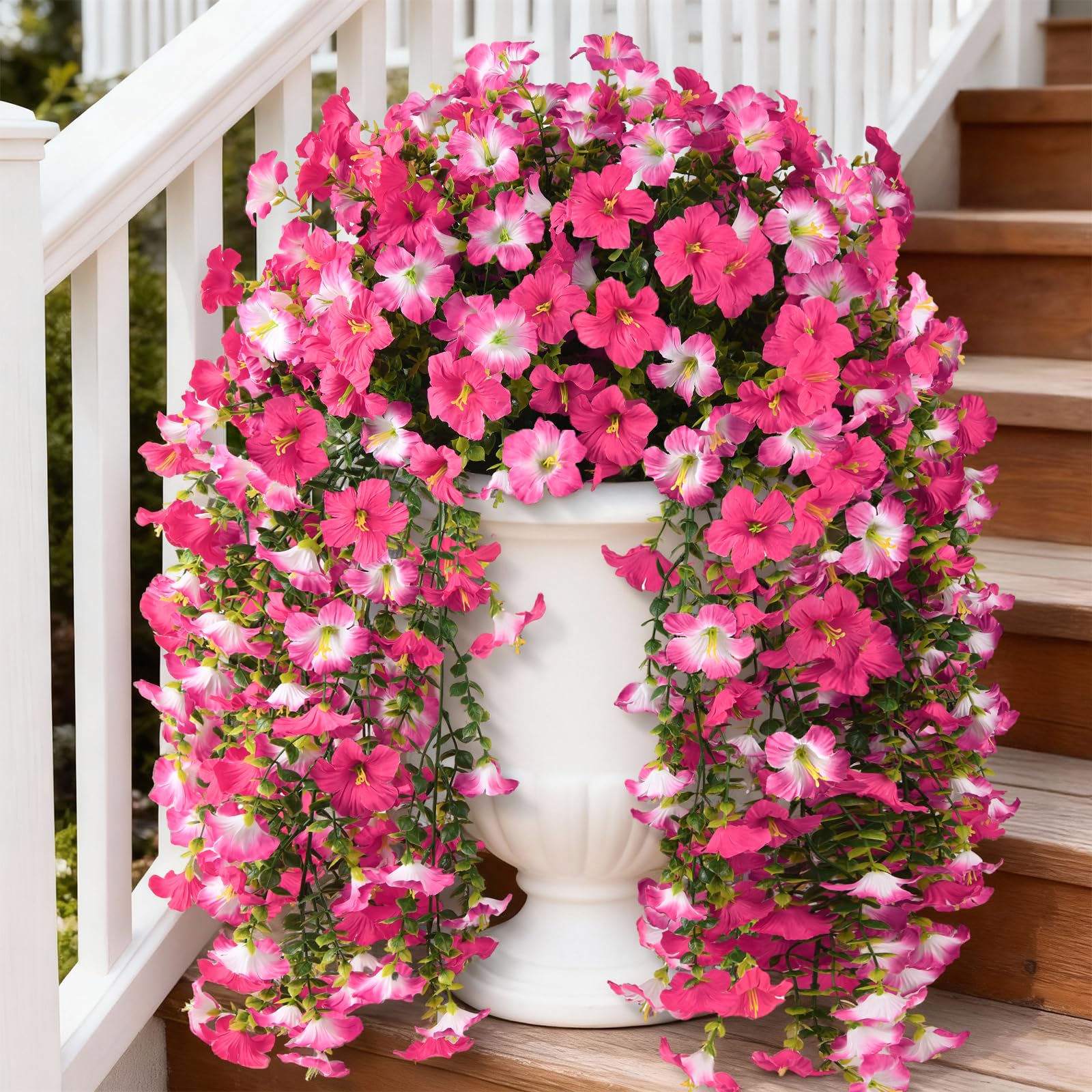 Artificial Fake Flowers Plants for Outdoor Spring Summer Decoration,2 PCS Faux Silk Morning Glory with Eucalyptus Leaves,UV Resistant Realistic Outdoor Flowers for Balcony Porch Patio Yard Garden