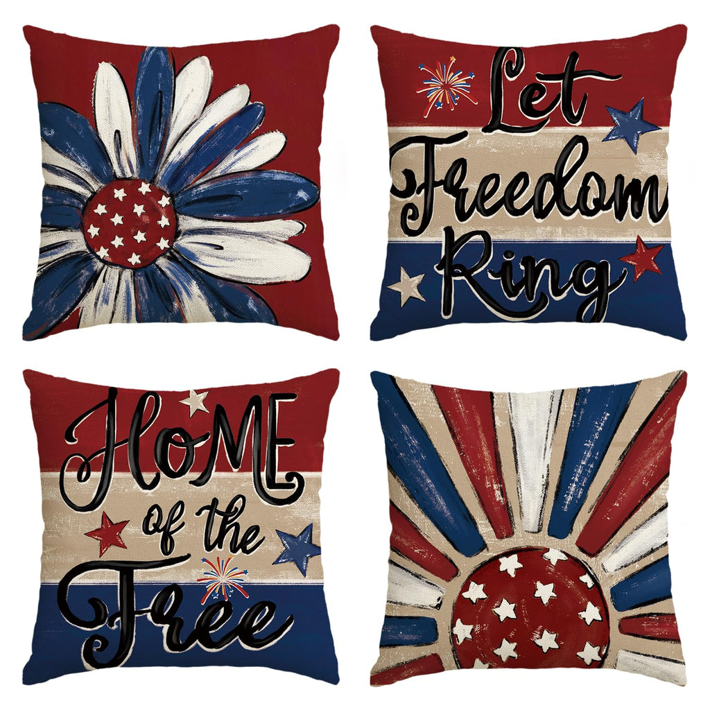AVOIN colorlife Let Freedom Ring Stars Fireworks Flower Red Throw Pillow Covers, 12 x 20 Inch 4th of July Patriotic Independence Memorial Day USA Flag Cushion Case for Sofa Couch Set of 4