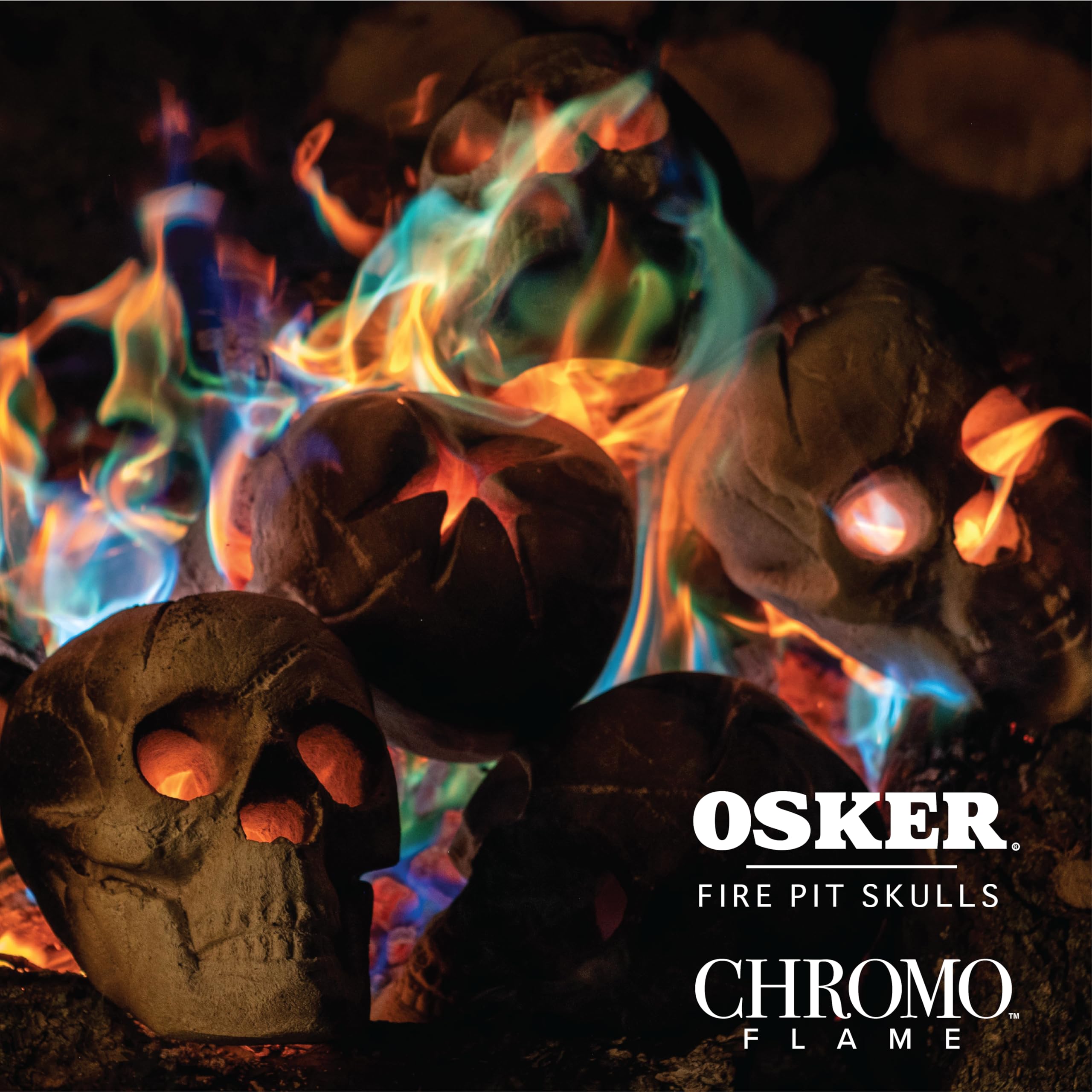 OSKER Fire Pit Skull with Fire Color Changing Packets | Ceramic Fireproof Log for Bonfire, Campfire, Fireplace, Firepit | Halloween Decor | Gas, Propane, or Wood Fires | 9 Inch - Light Beige