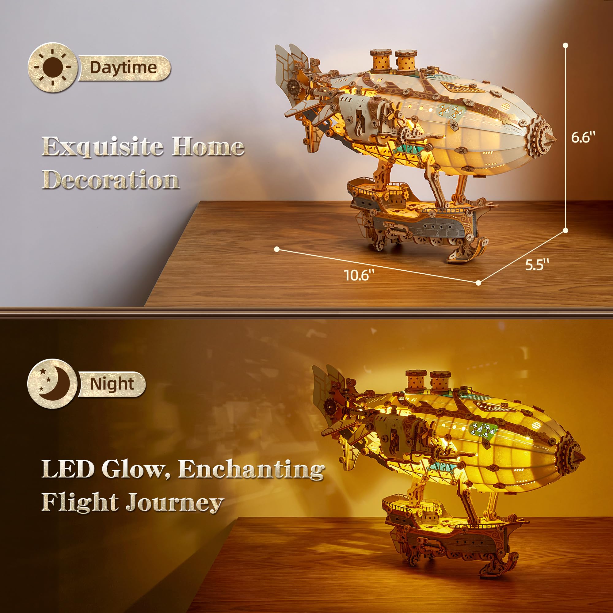 FUNPOLA LED 3D Wood Puzzle Fantasy Airship Model - Steampunk DIY Craft Kit with LED Lights – Intricate Wooden Airship Model Building Set for Teens and Adults(Gray)