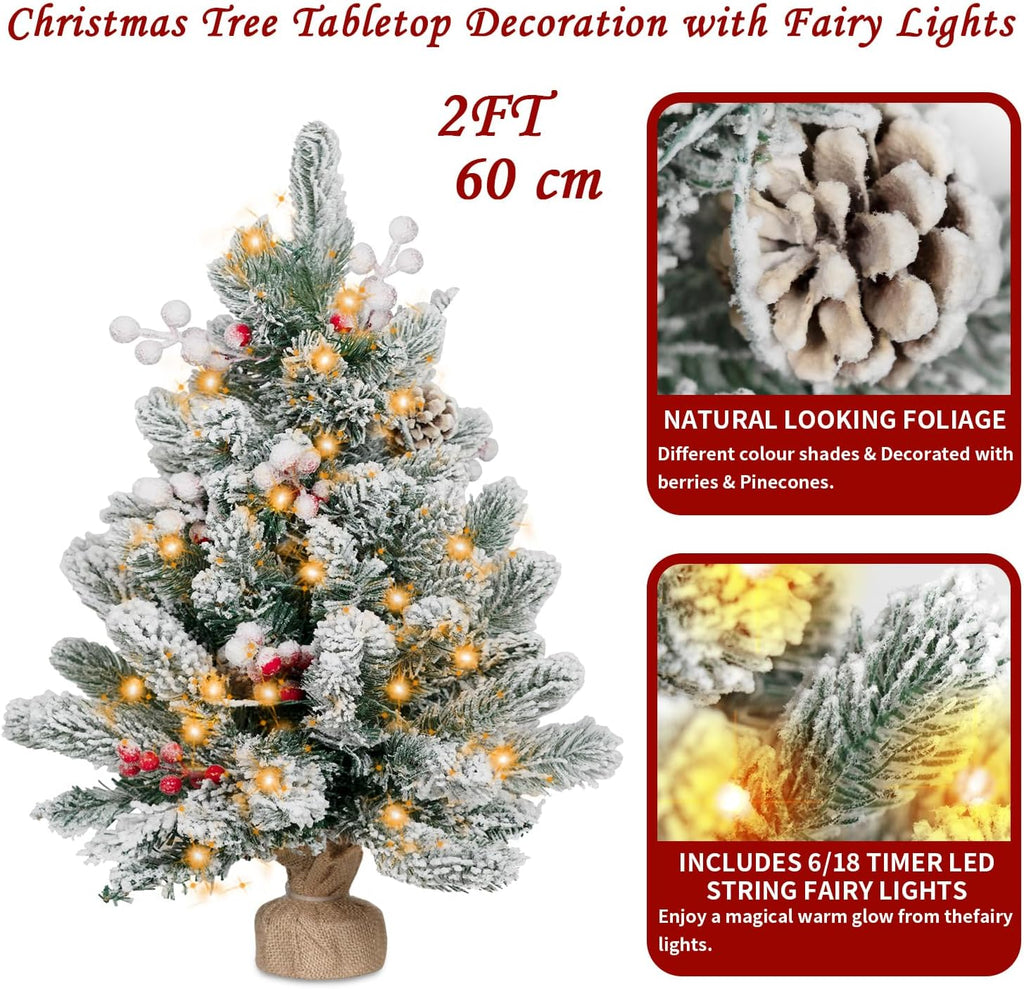 2FT Small Christmas Tree,Flocked Artificial Mini Christmas Tree with Lights,Tabletop Xmas Tree with Ornaments,Christmas Decoration for Party by DNKMOR
