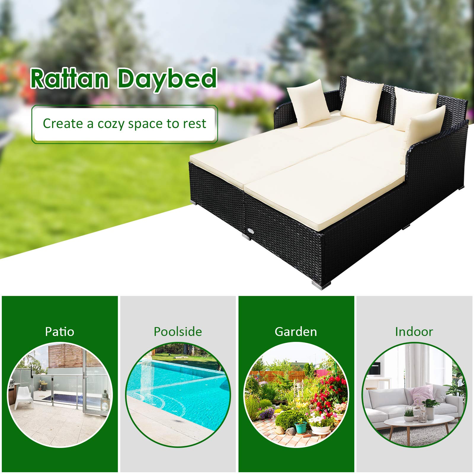 Tangkula Patio Rattan Daybed with Retractable Canopy, Outdoor Wicker Sunbed Lounger with 2 Foldable Side Tables, Thick Seat & Back Cushions, Outside Double Daybed for Garden, Backyard, Porch