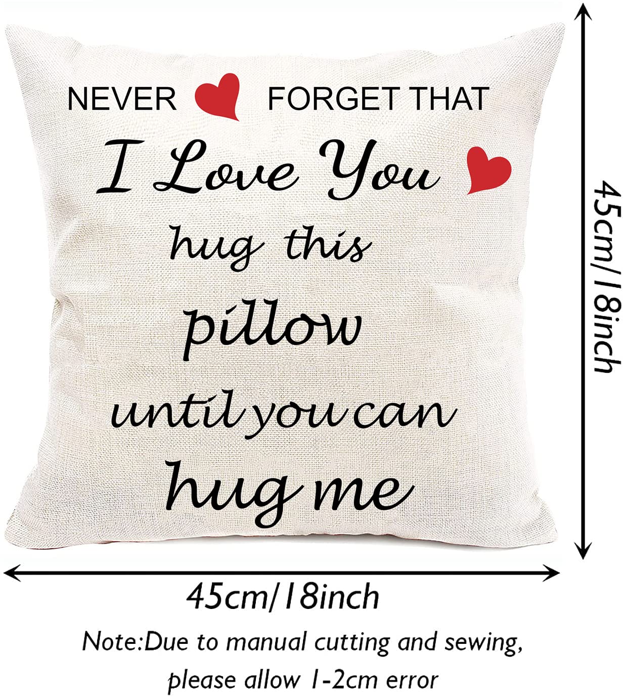 Anrkets Two Sided Printing Lover Pillow Cover I Love You Hug This Pillow Until You Can Hug Me, Valentine's Day Birthday Gifts for Girlfriend Cotton Linen Square Decorative Waist Pillowcase 18"x 18"