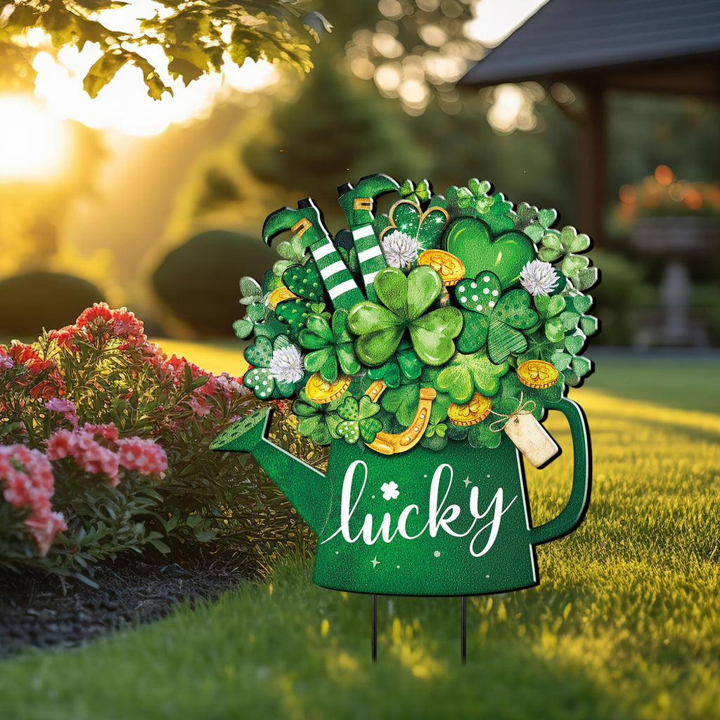 Metal St Patricks Day Decoration Outdoor Green Shamrock Leprechaun Yard Sign Stake 14.2 Inches Welcome Irish Mason Jar Yard Decor Clover Lawn Decor for Home Garden Patio Lawn