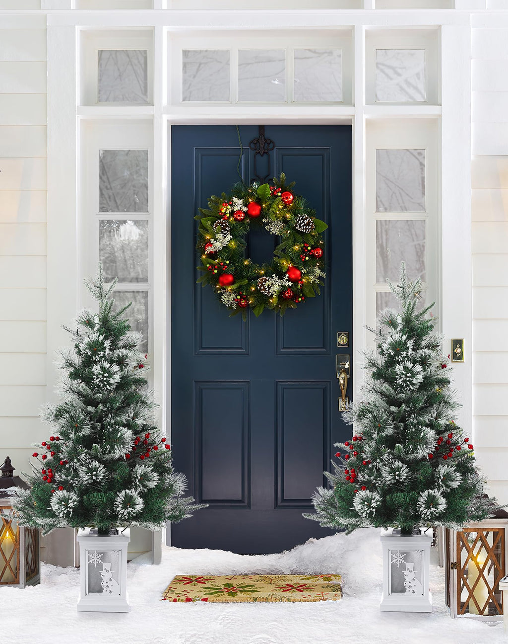 3FT Prelit Premium Snow Flocked Artificial Christmas Tree with Warm White LED, Mini Prelit Xmas Pine Tree for Christmas Decoration,Yard,Home,Office,Outdoor,Indoor,8 Mode Snowflake White Base- 1PC
