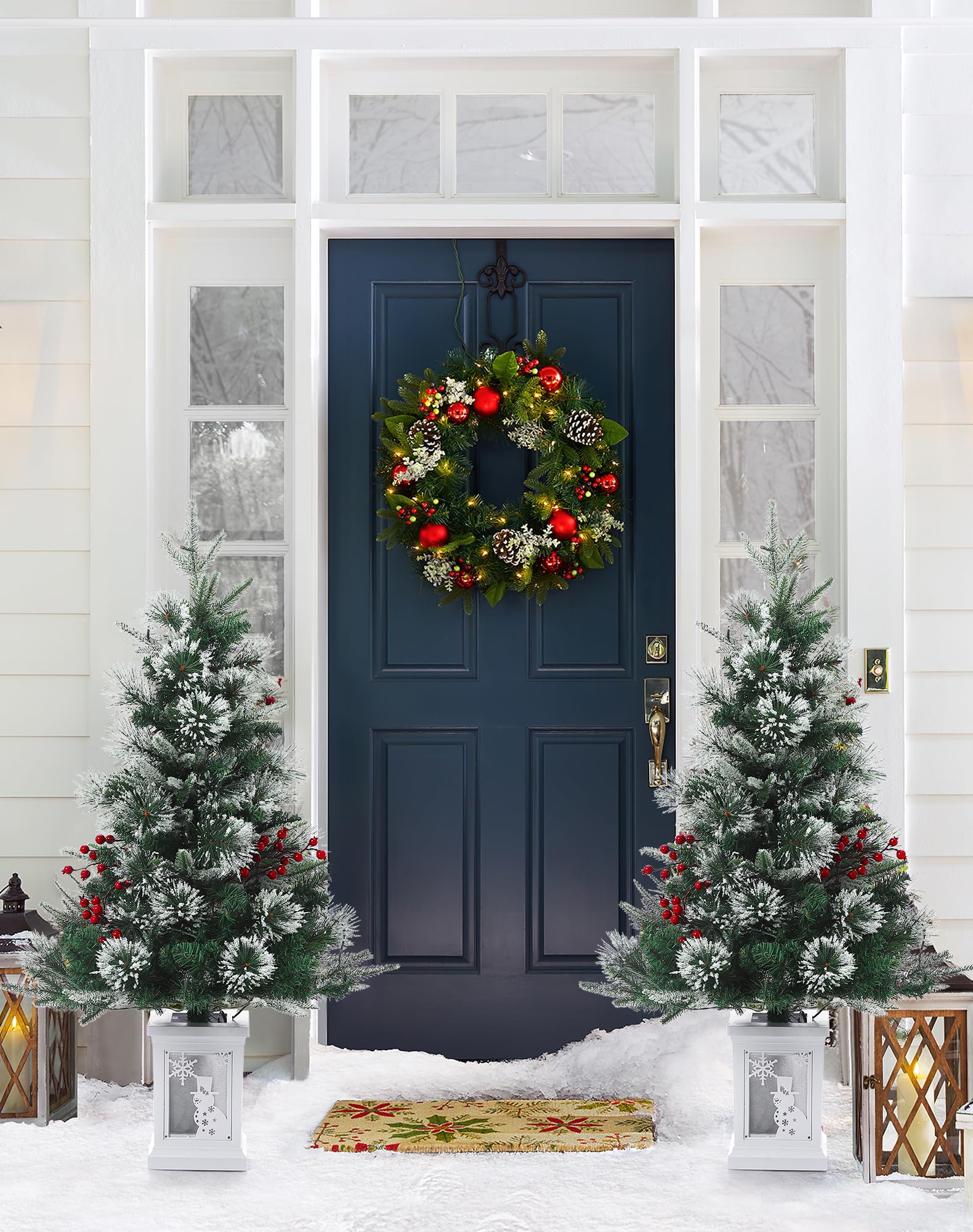 3FT Prelit Premium Snow Flocked Artificial Christmas Tree with Warm White LED, Mini Prelit Xmas Pine Tree for Christmas Decoration,Yard,Home,Office,Outdoor,Indoor,8 Mode Snowflake White Base- 1PC