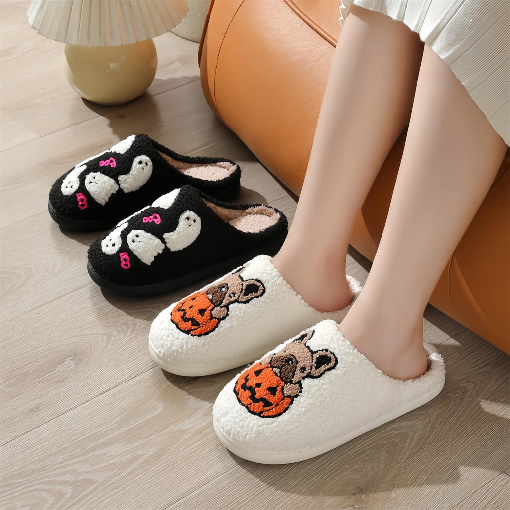 Halloween Slippers for Women Retro Soft Cozy Comfy Plush Lightweight Slip-on Indoor Outdoor Anti-Skid Sole Christmas House Shoes