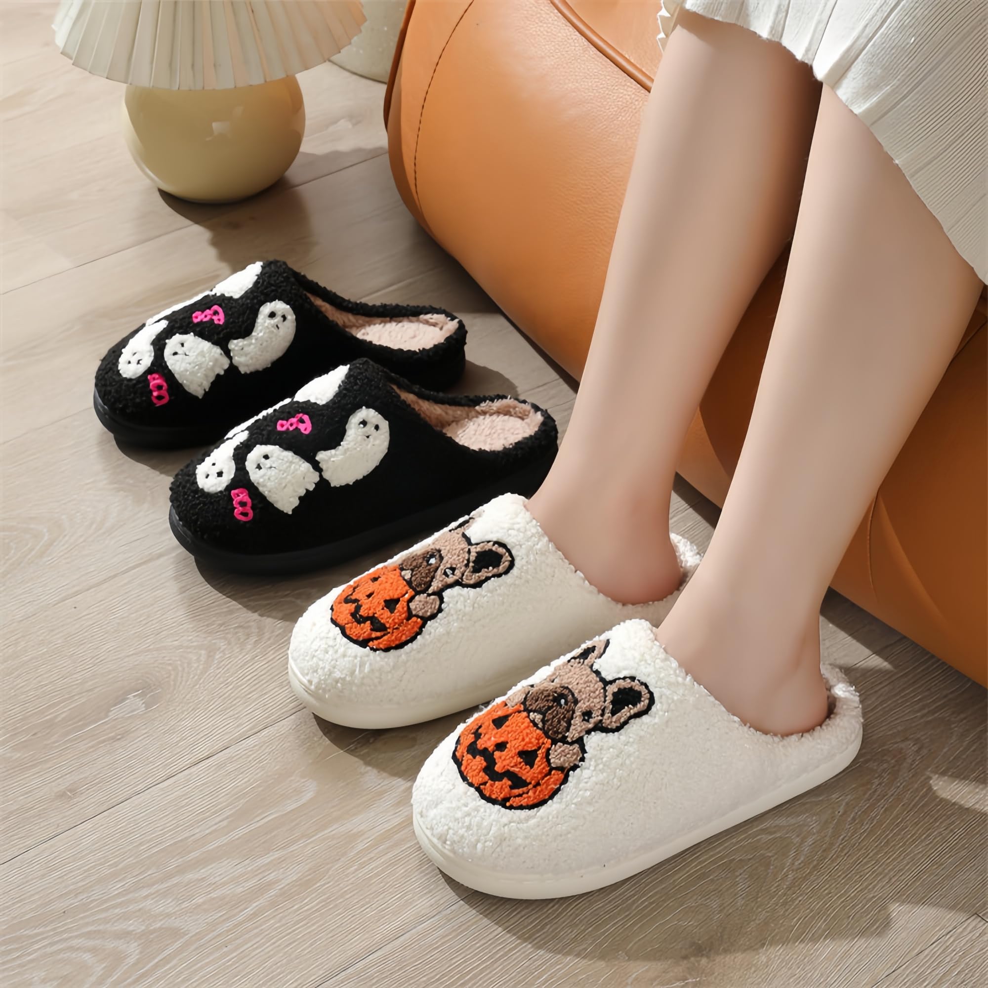 Halloween Slippers for Women Retro Soft Cozy Comfy Plush Lightweight Slip-on Indoor Outdoor Anti-Skid Sole Christmas House Shoes
