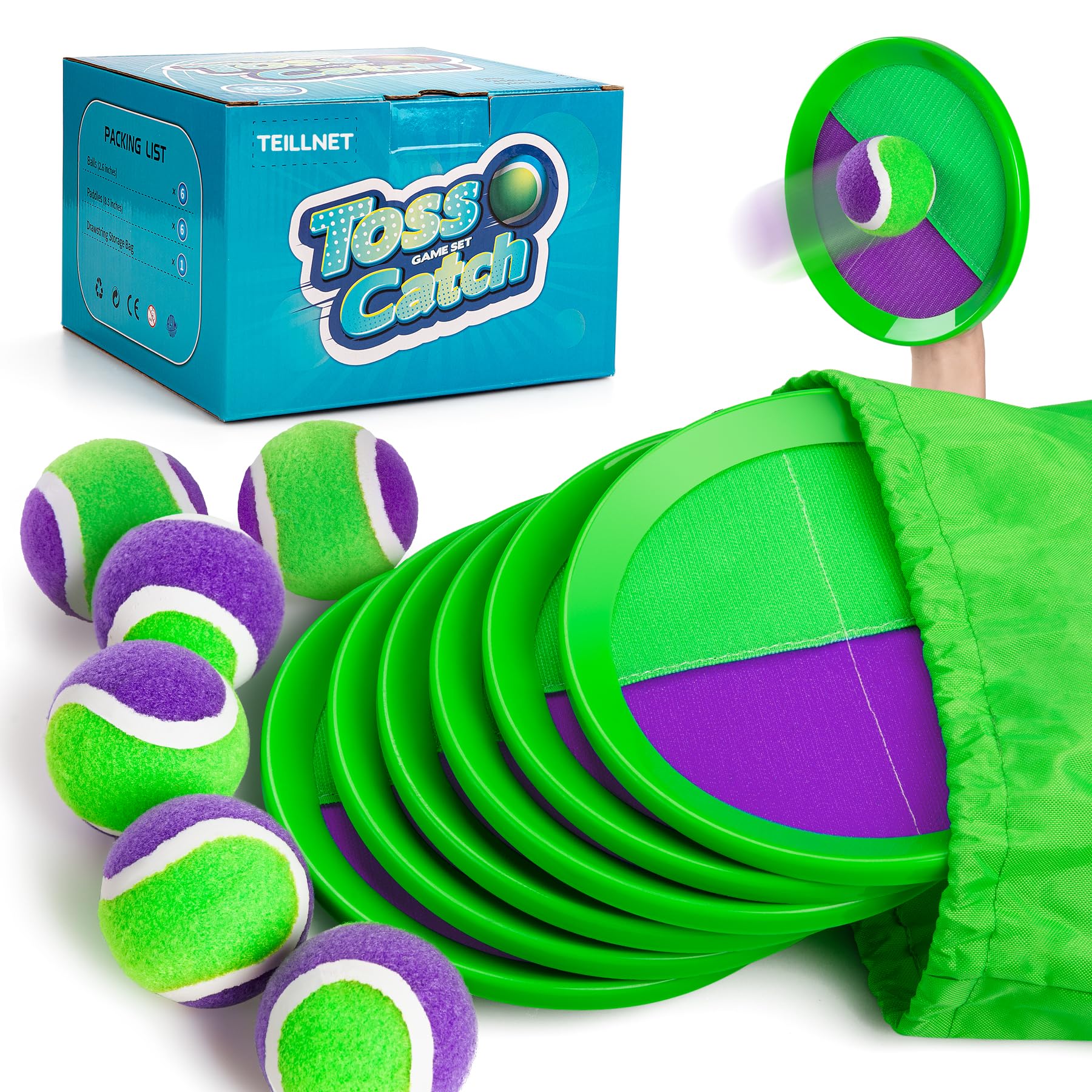 TEILLNET Toss and Catch Ball Set Upgraded - Kids Toys Beach Toys Baseball Games - Sturdy & Water-Resistant for Outdoor Pool Yard Games - Classic Gift for Boys Girls 3 4 5 6 7 8 9 10 11 12+ Years