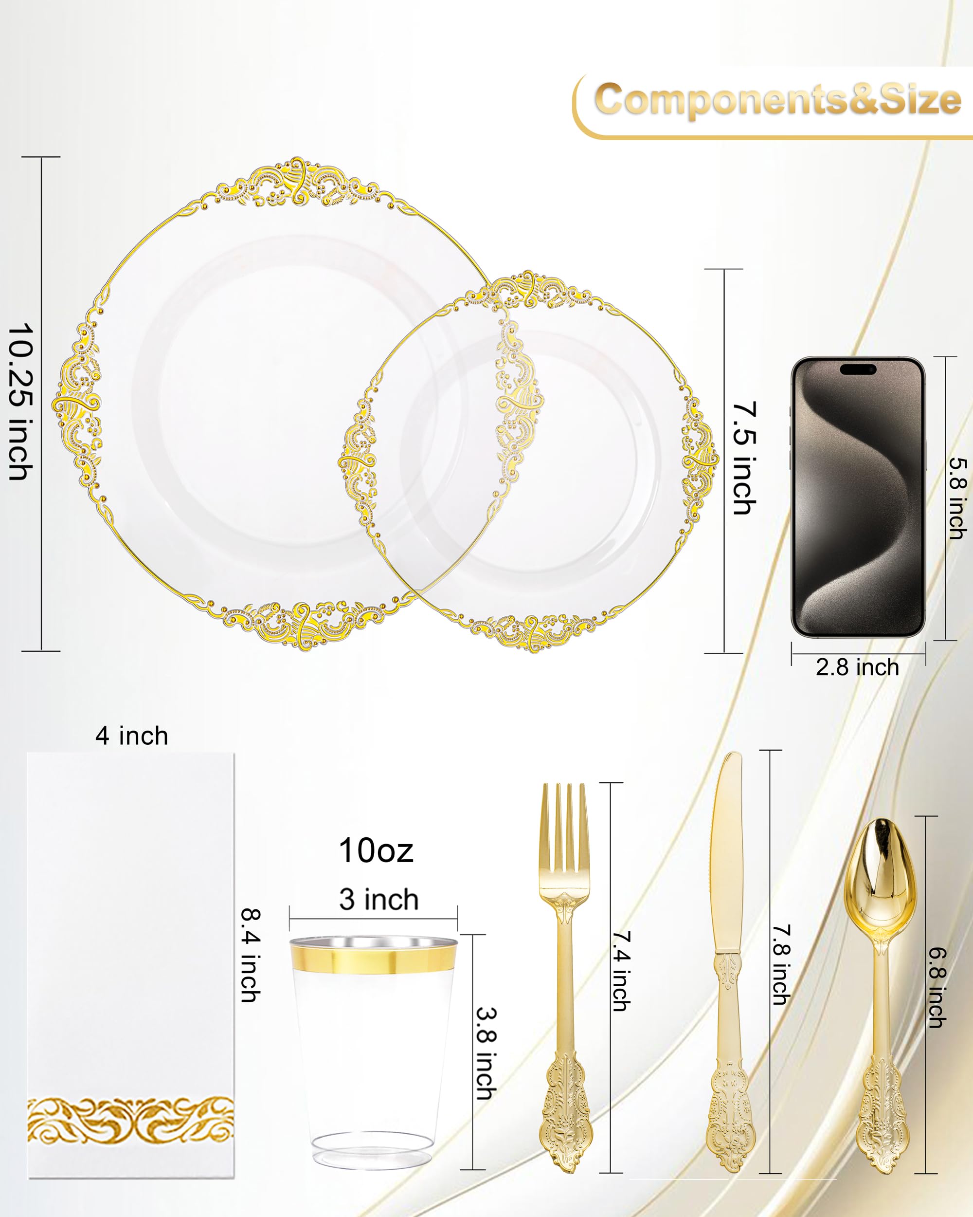 Nervure 175PCS Clear Blue Plastic Plates - Plastic Dinnerware Set Include 25Dinner Plates, 25Dessert Plates, 25Cups, 25Forks, 25Knives, 25Spoons, 25Napkins Perfect for Wedding & Party