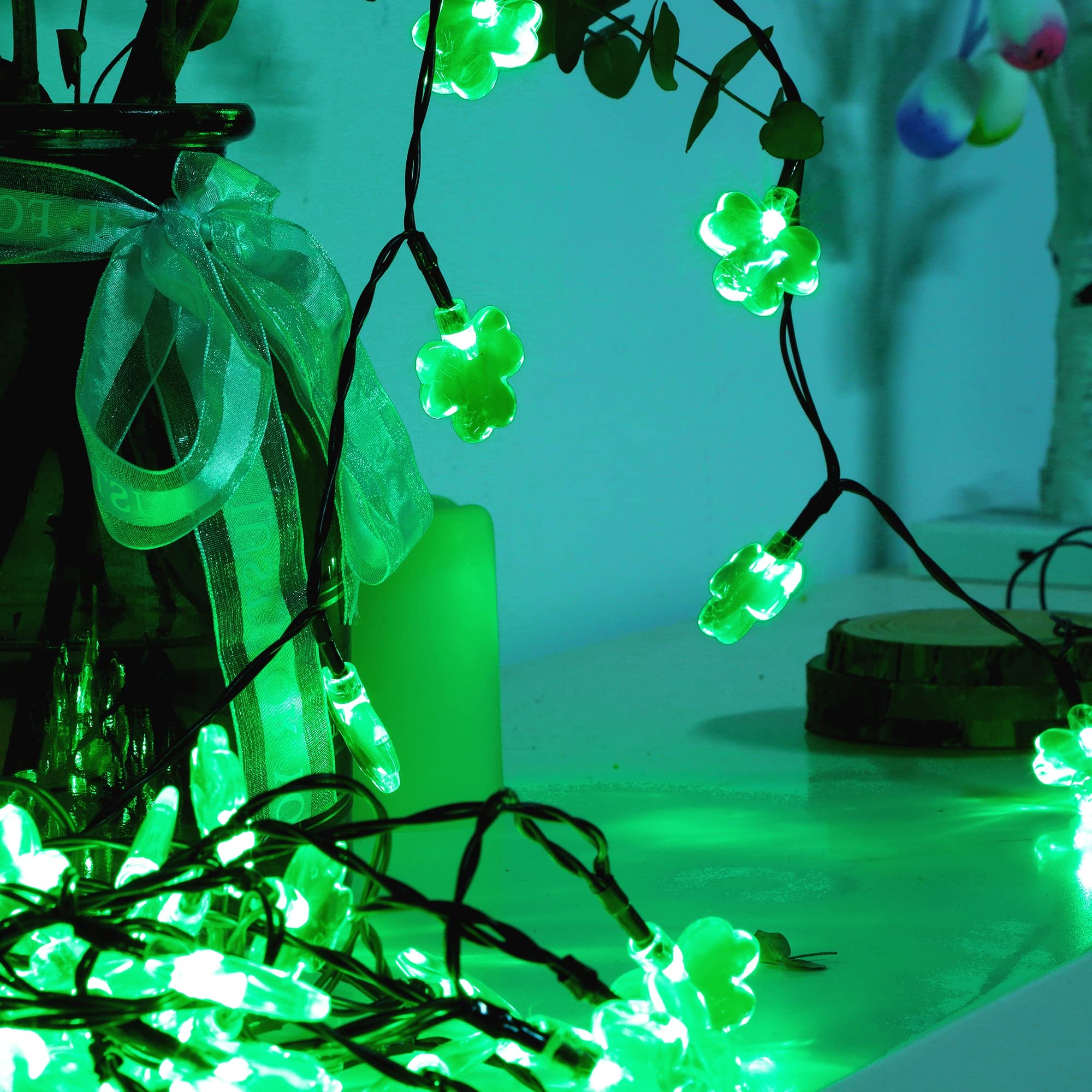 LJLNION St. Patricks Day String Lights Outdoor, 50 LED 16 FT Shamrocks Decorative Green Leaf Lights Battery Operated, 8 Lighting Modes & Timer, Waterproof for Home Garden Party Decoration, 2 Pack