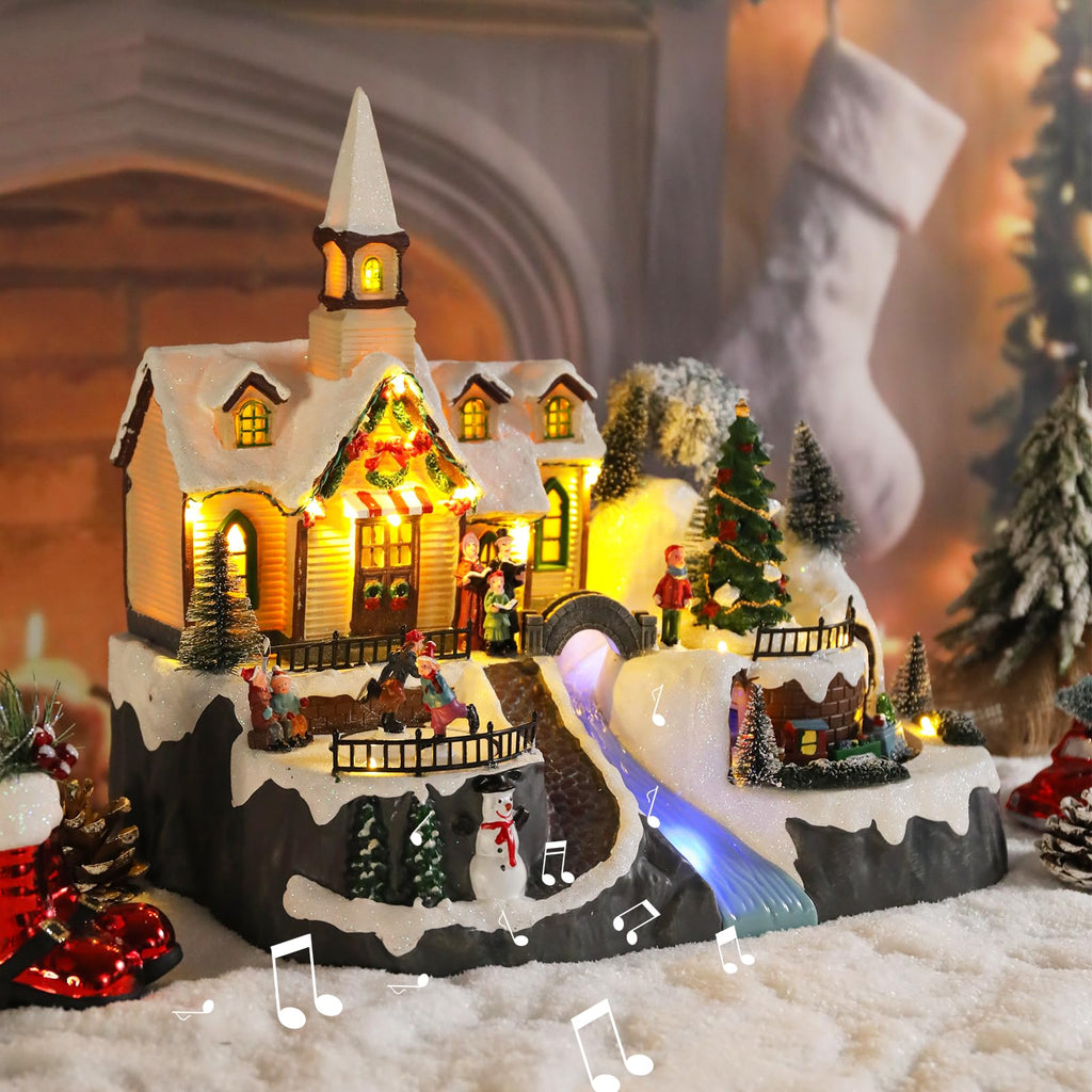 Christmas Village House Musical Christmas Collectible Buildings Church Train Snowman Children Skating with LED Lights Vacation Village with USB Indoor Figurines Indoor Tabletop Decoration