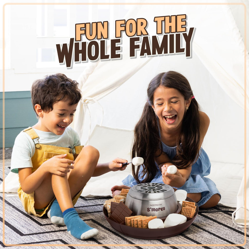 Nostalgia Tabletop Indoor Electric S'mores Maker - Smores Kit With Marshmallow Roasting Sticks and 4 Trays for Graham Crackers, Chocolate, and Marshmallows - Movie Night Supplies - Brown