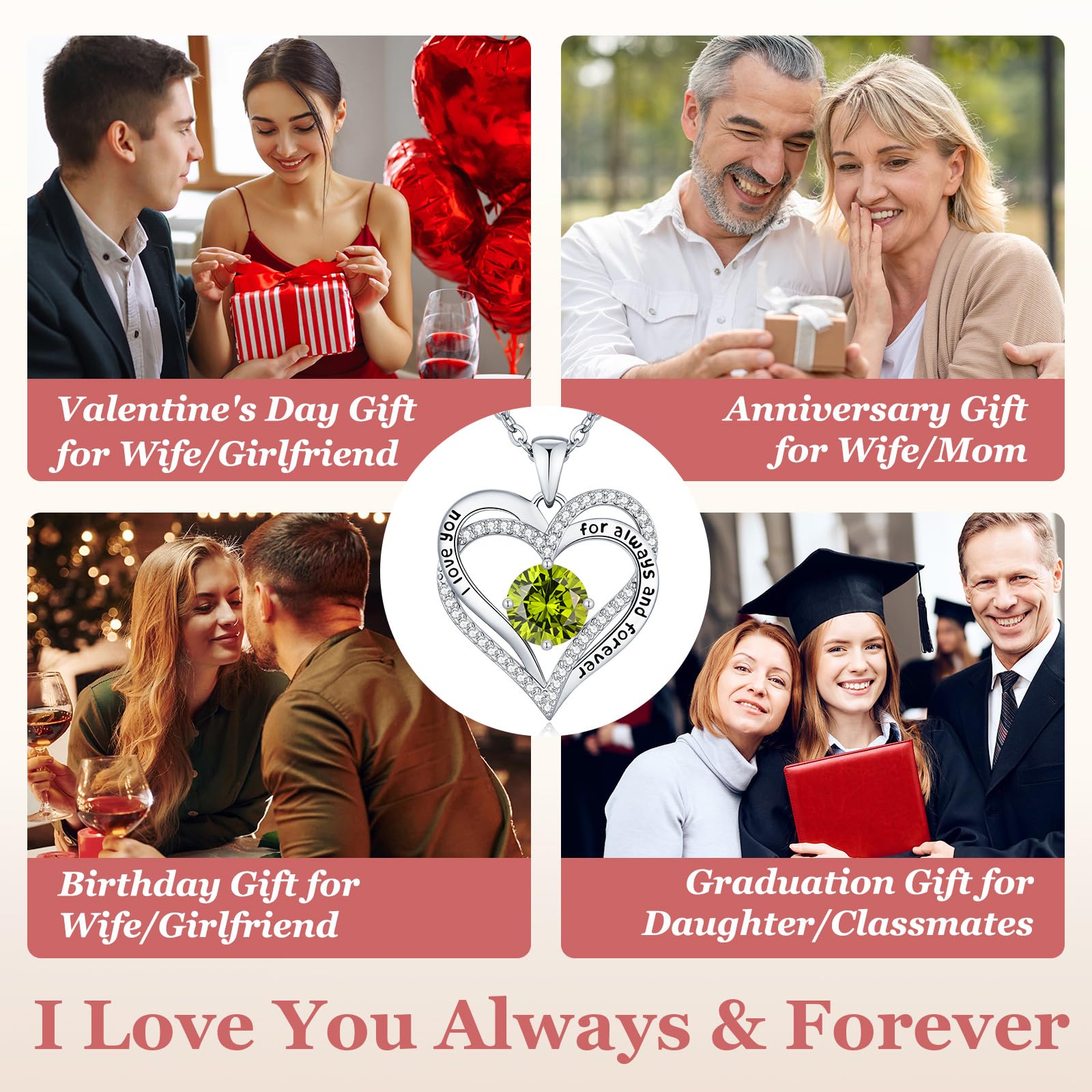 CDE Forever Love Heart Necklaces for Women, Wedding Anniversary, Valentine's，Birthday Mothers Christmas Day Gifts for Mom, Mother, Wife, S925 Silver Jewelry with Birthstone Pendant