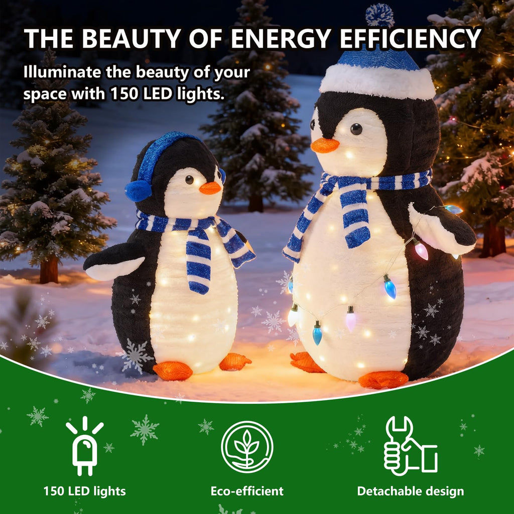 DUMOS 2-Piece Lighted Penguin Family Lovely Outdoor Christmas Decoration, Pop up Holiday Decor with 150 LED Lights for Yard, Garden, Storefront, White&Blue