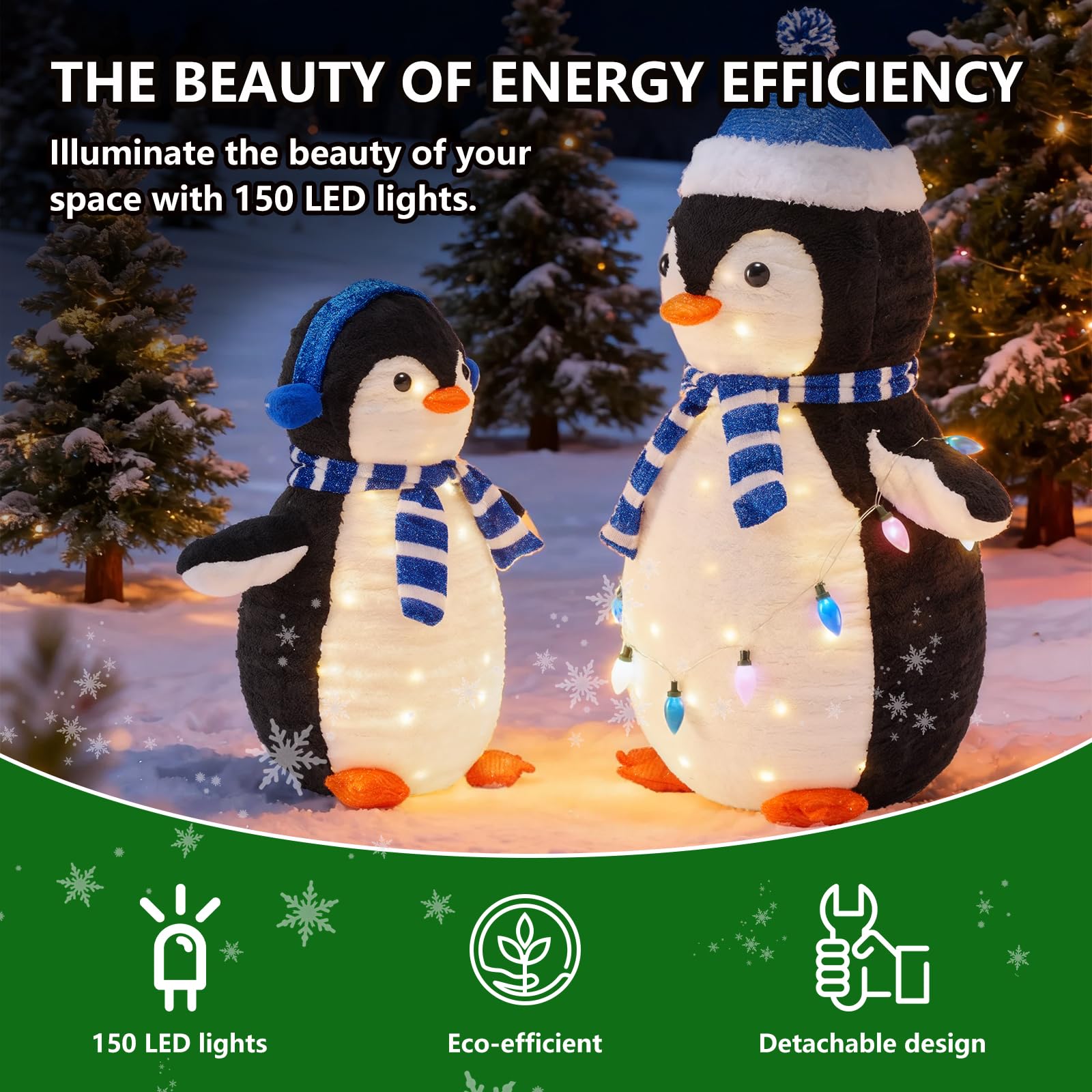 DUMOS 2-Piece Lighted Penguin Family Lovely Outdoor Christmas Decoration, Pop up Holiday Decor with 150 LED Lights for Yard, Garden, Storefront, White&Blue