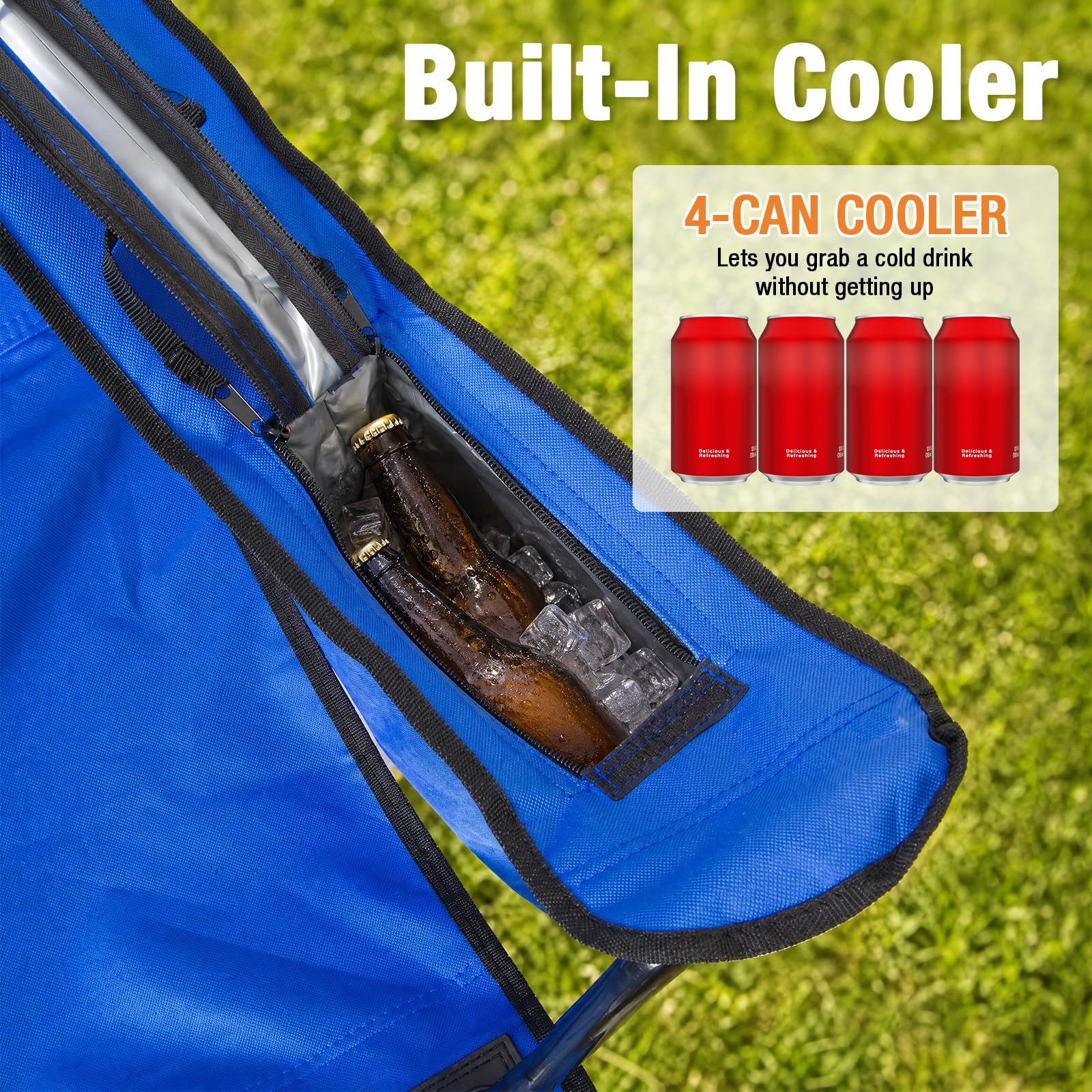 Camping Chairs for Adults 2 Pack, Folding Chair with 4-Can Cooler Bag & Cup Holder, Portable Heavy Duty Outdoor Chair with Mesh Back for Camping, Beach, Lawn, Fishing, Blue