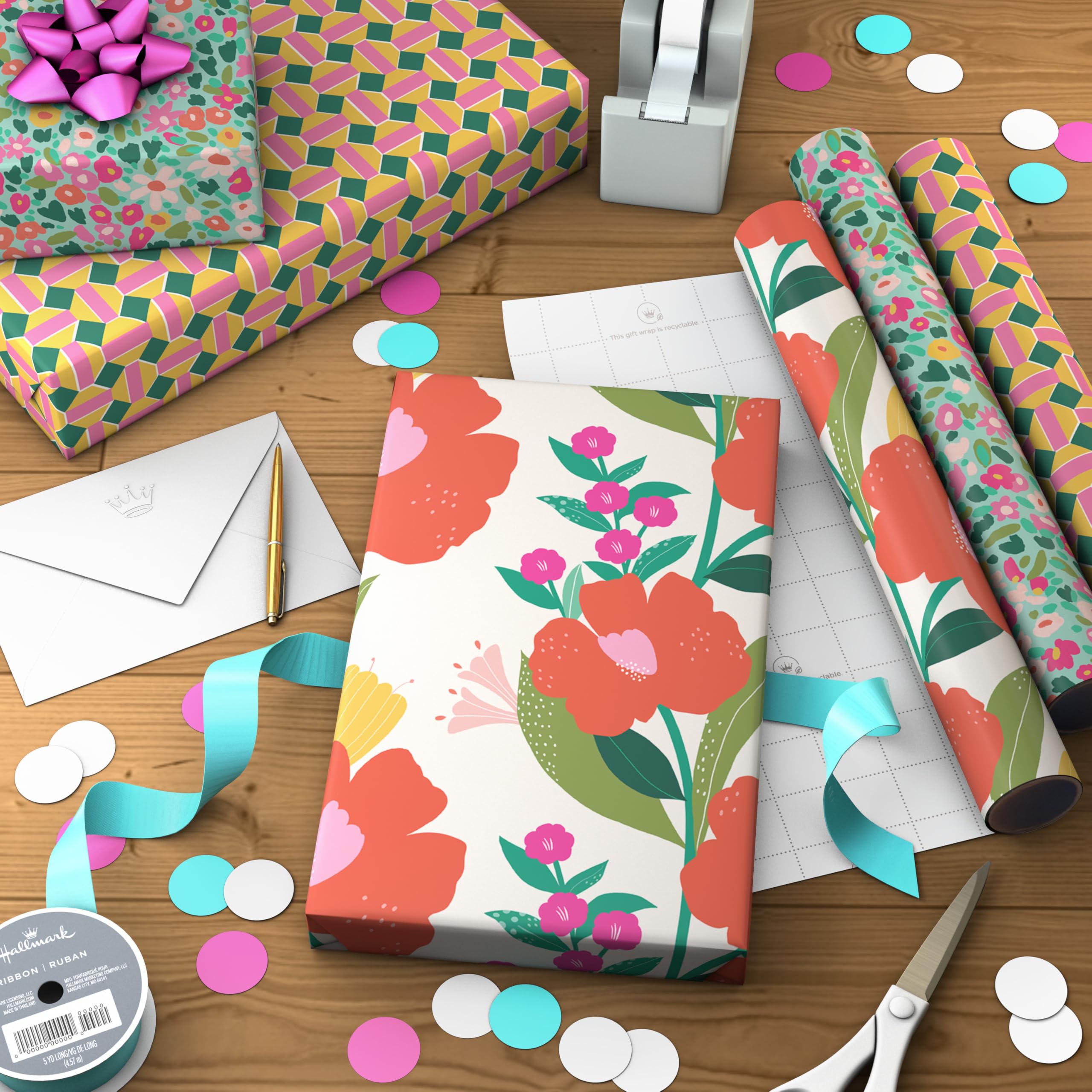 Hallmark Floral Wrapping Paper Mini Rolls, 3-Pack (Pink, Orange, Yellow Flowers on Teal, Green and Pink Geometric) for Birthdays, Easter, Mother's Day, Bridal Showers, Any Occasion - 60 Sq. Ft. Total