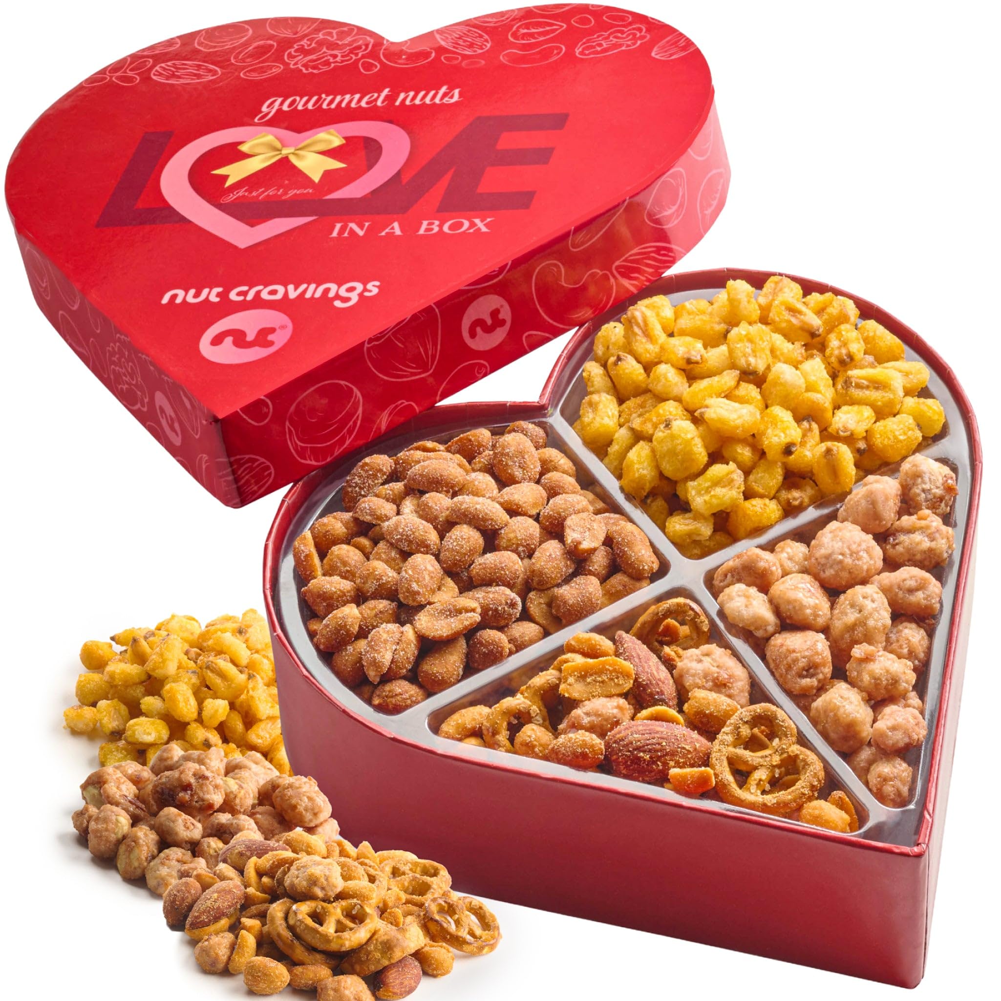 NUT CRAVINGS - Fathers Day Treats, Gift For Dad, Mixed Nuts Heart Shaped Gift Basket, Love in A Box (6 Assortments, 2 LB) Romantic Food Arrangement, Healthy Snack Care Package, Food Assortments
