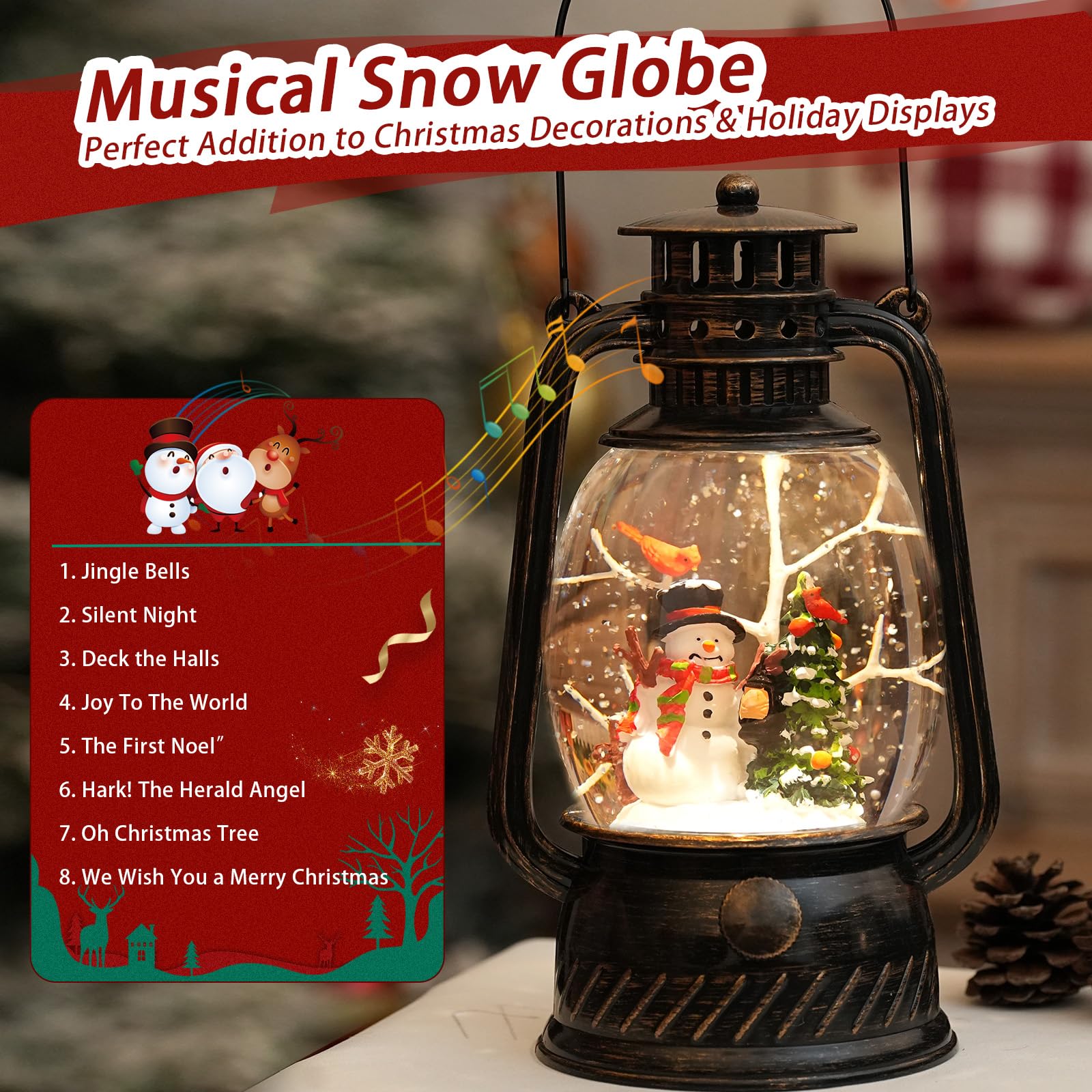 Snow Globe Christmas Decorations Indoor, Santa Claus Lighted Musical Christmas Snow Globes Lantern with Glitter & 6H Timer, Santa Claus Christmas Decorations for Home