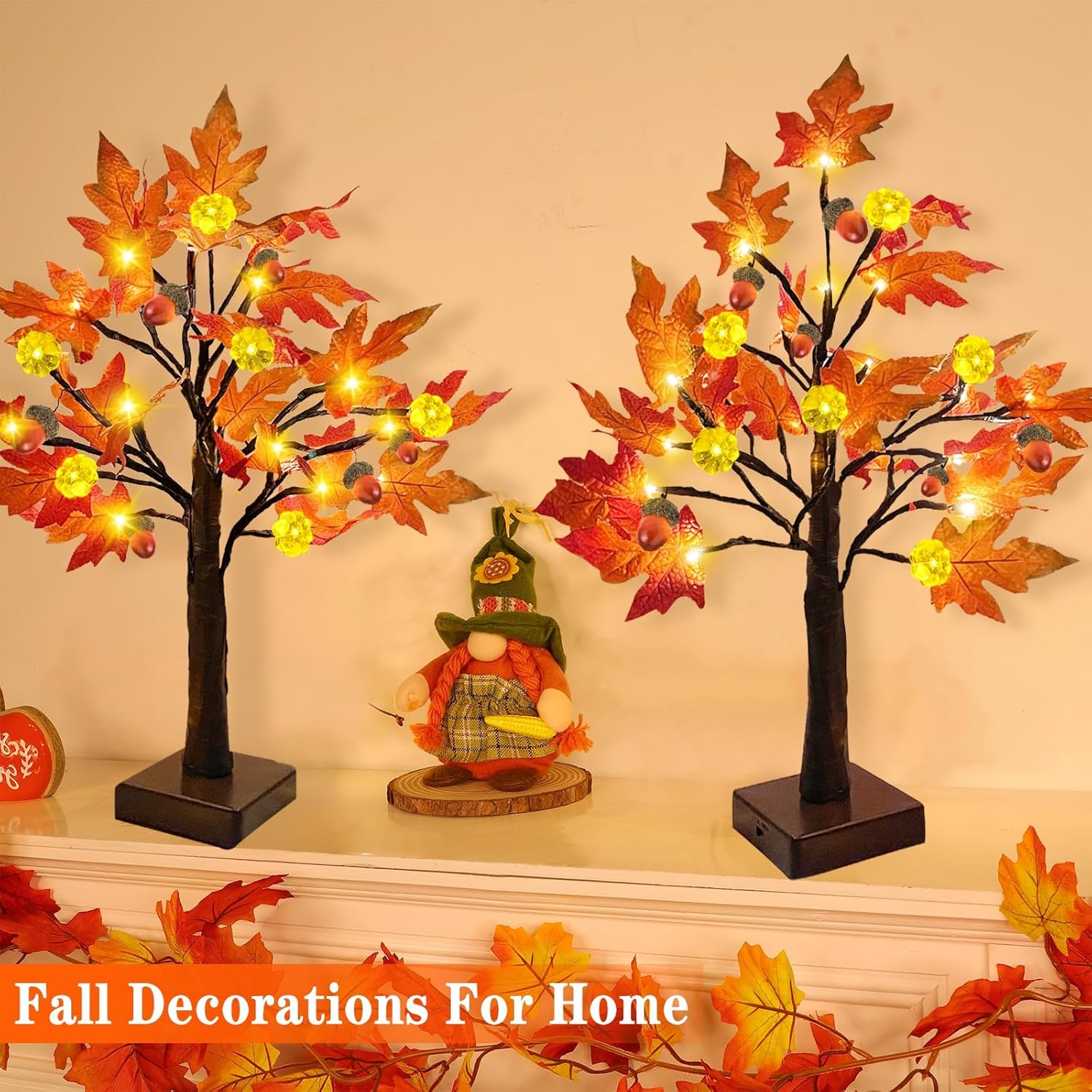 Fall Decor -2 Pack 24 Inch Prelit Fall Lighted Maple Tree 48 LED Timer Table Lights, Acorn Pumpkin Lights Battery Operated for Wedding Party Autumn Fall Decorations for Home Harvest Indoor Outdoor