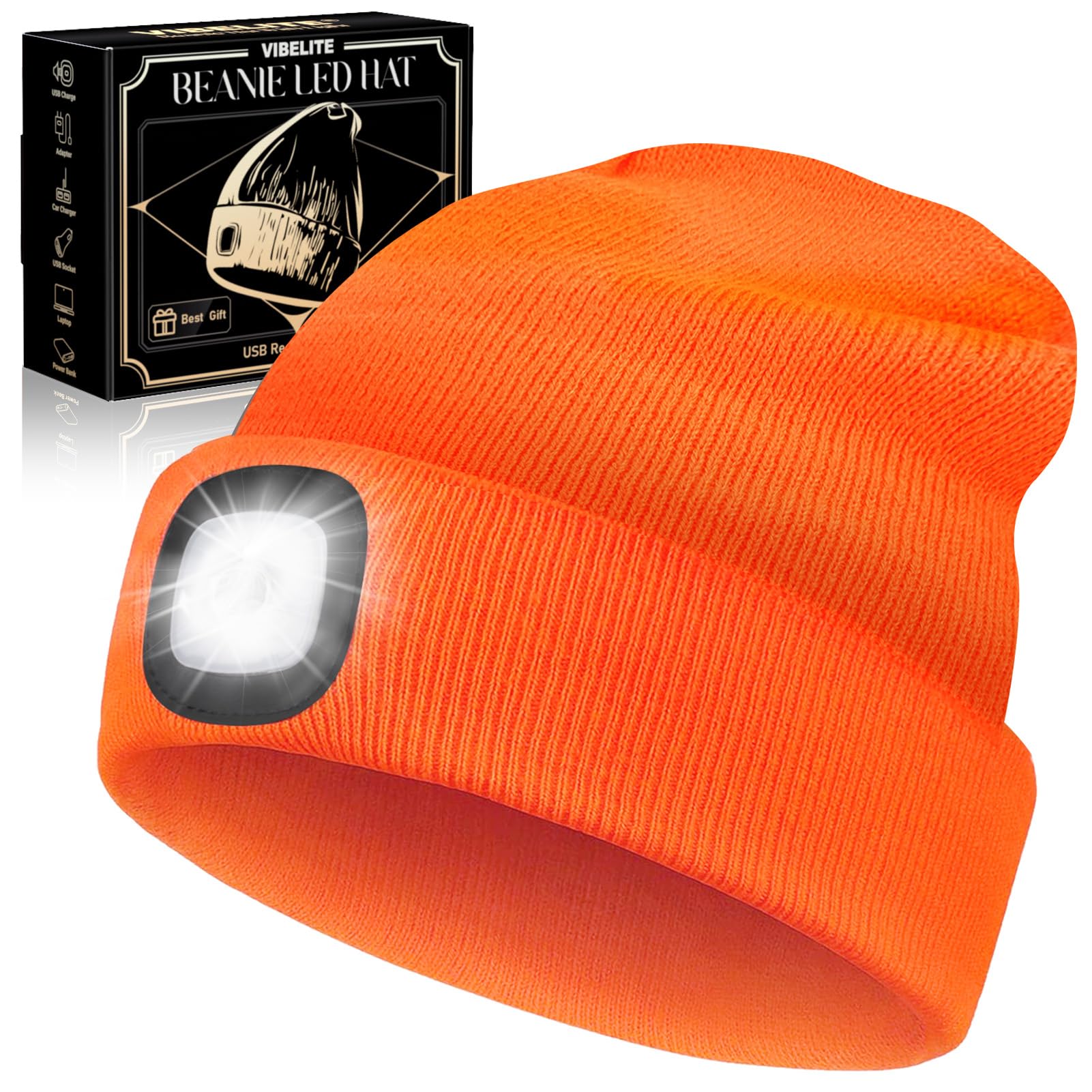 VIBELITE LED Beanie Hat with Light, USB Rechargeable LED Headlamp for Hiking, Camping, Fathers Day Gift for Dad, Husband, Birthday Gifts for Men, Women, Dad Gifts from Daughter, Wife, Black