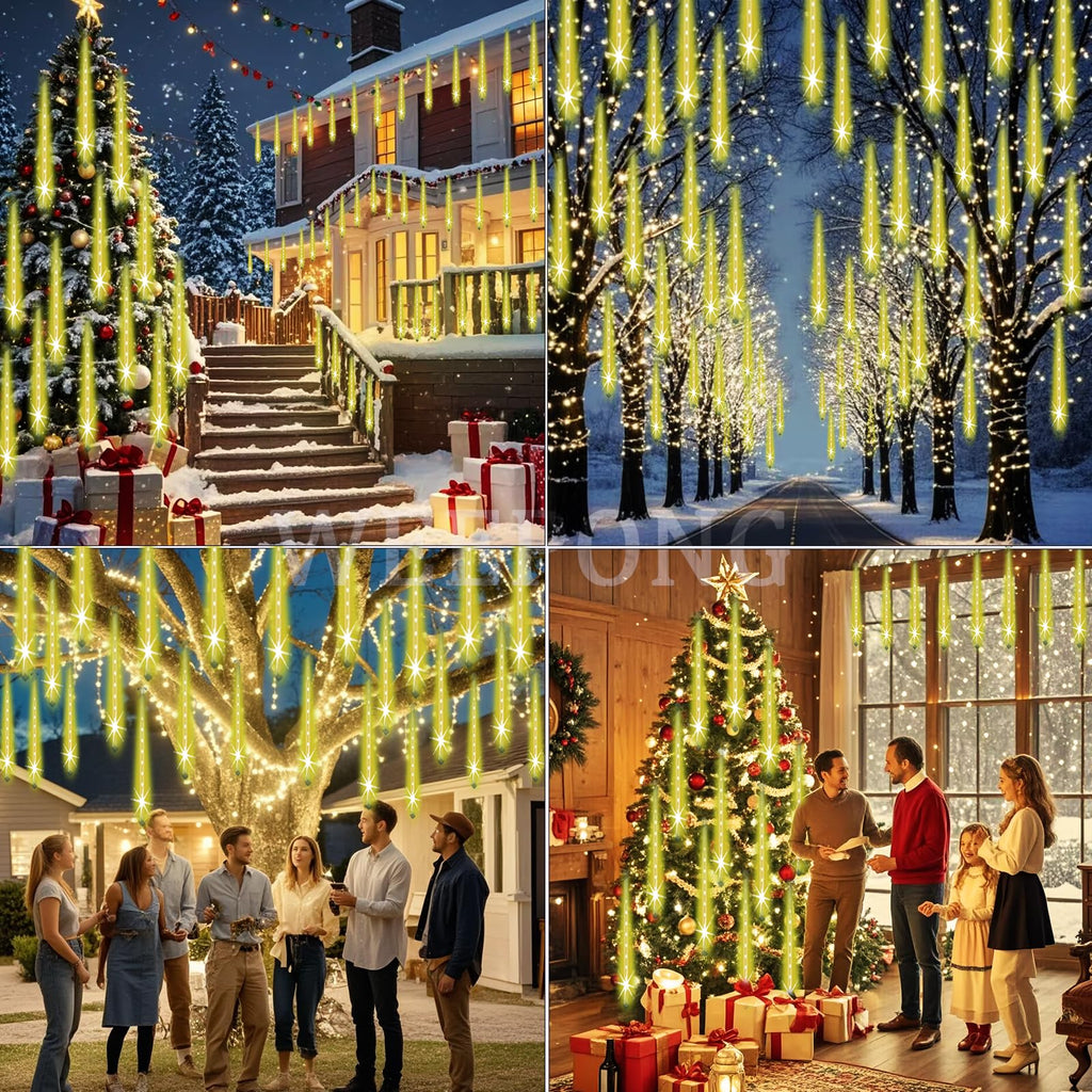 Weepong Halloween Lights Outdoor, Meteor Shower Christmas Lights for Halloween Decorations, 8 Tube 192 LED Snow Falling Rain Icicle String Light for Xmas Christmas Decor Tree Party, UL Plug Green