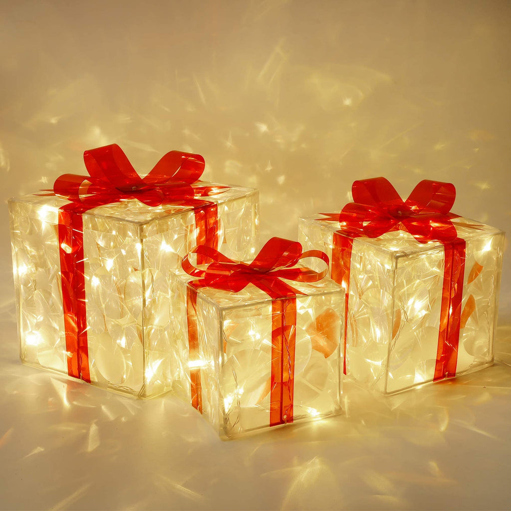 Lulu Home Christmas Lighted Boxes, Set of 3 60 LED Light Up Decor Outdoor, Light Up Christmas Boxes Present Decorations Outdoor Yard