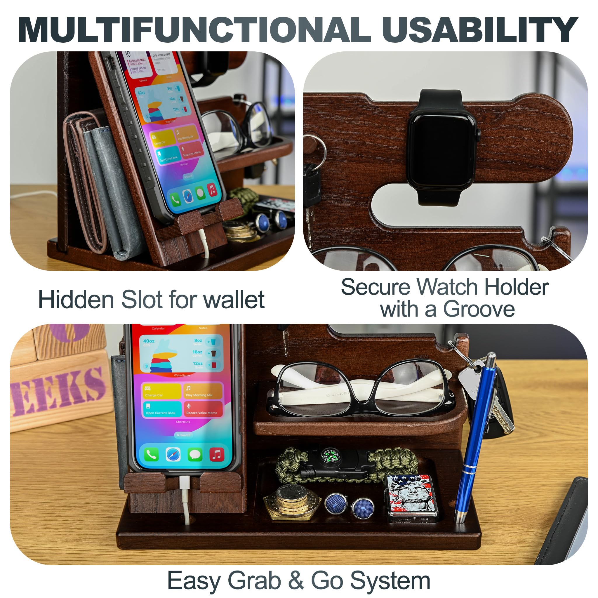 TESLYAR Wood Phone Docking Station for Men - Desk or Nightstand Organizer - Birthday Gifts for Husband, Dad - Anniversary Idea from Wife - Key Holder, Stand Wallet, Watch & Essentials (Bourbon Brown)