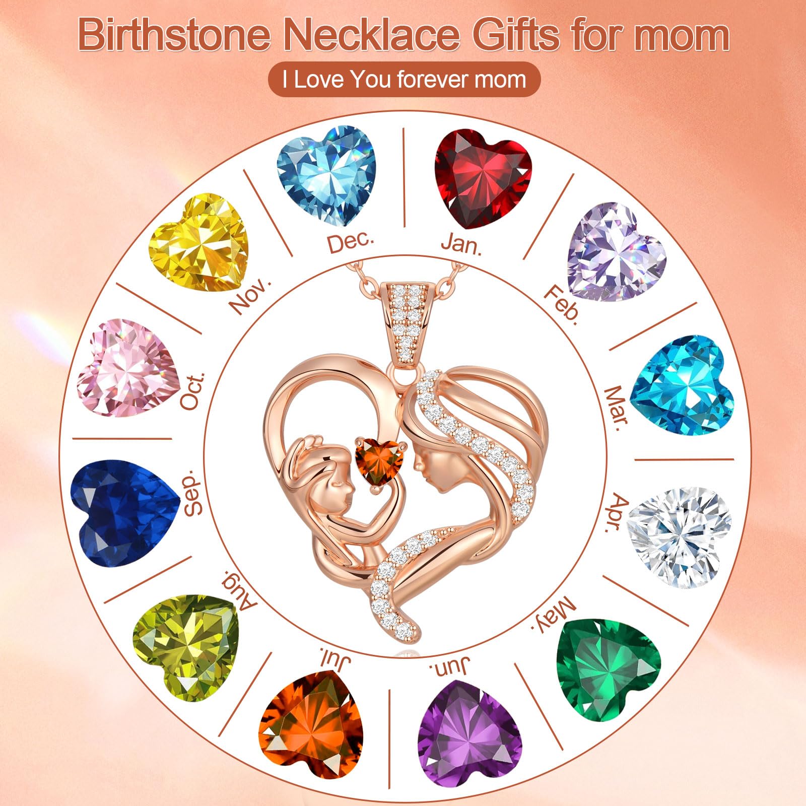 Mothers Day Gifts for Mom Wife Her Grandma, S925 Sterling Silver Birthstone Necklaces Jewelry for Women, Mother's Day Love Heart Pendant Necklace for Anniversary Birthday Christmas Day
