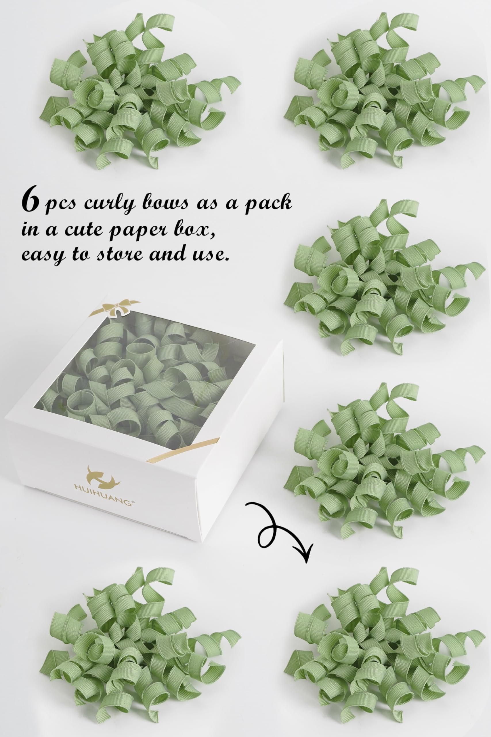 HUIHUANG Green Curly Gift Bows Self Adhesive Sage Green Burst Gift Bow for Gift Wrapping, Birthday, Wedding Baby Shower Party Favors, Wine Bottle, Treat Bags- 6 Counts