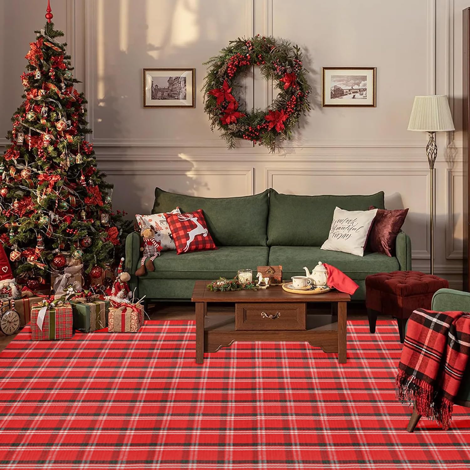 Orange and Black Plaid Rug, 28'' x 43'' Fall Outdoor Front Door Decor Mat, Cotton Washable Hand-Woven Rug for Layered Doormat, Autumn Halloween Thanksgiving Carpet for Porch, Entryway