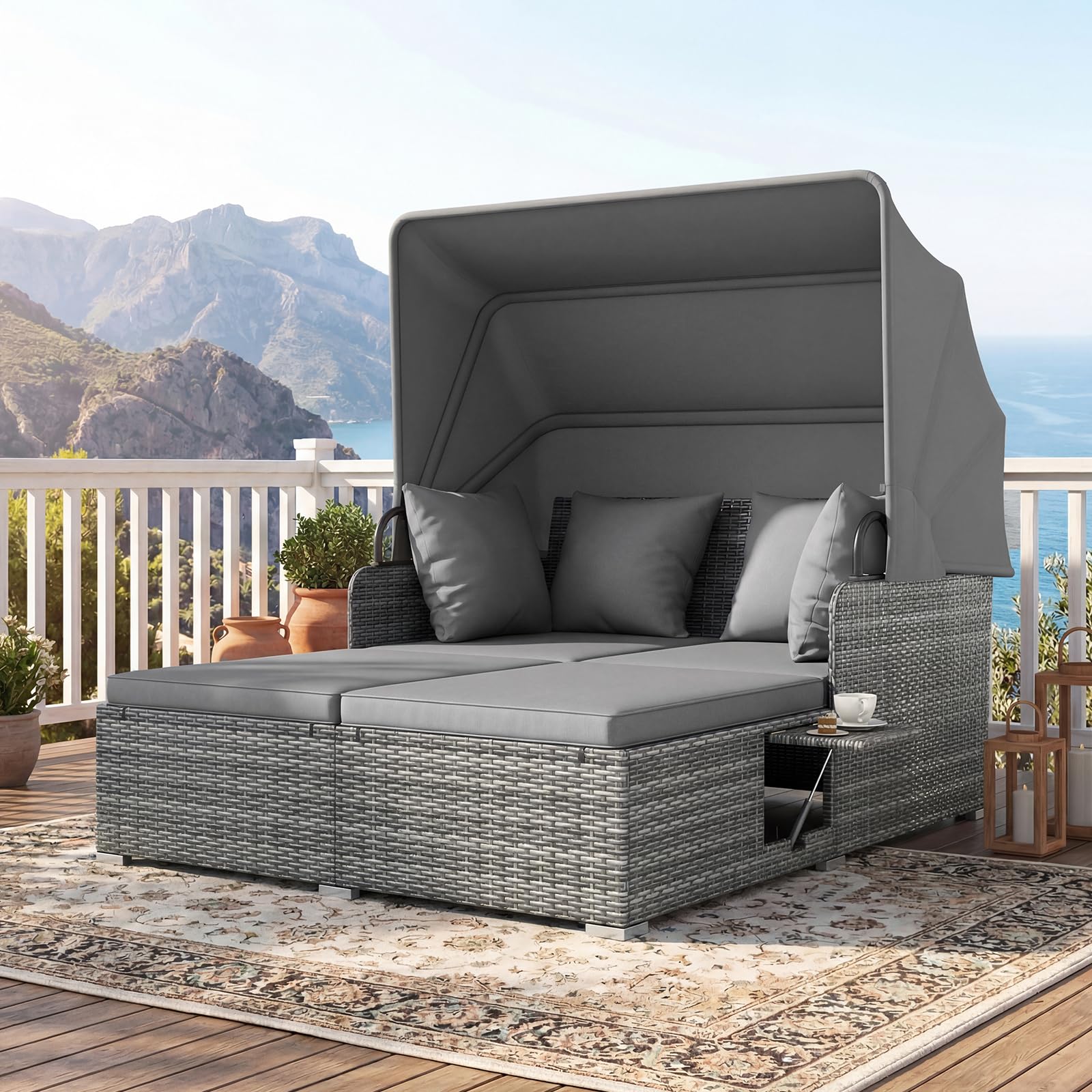 Tangkula Patio Rattan Daybed with Retractable Canopy, Outdoor Wicker Sunbed Lounger with 2 Foldable Side Tables, Thick Seat & Back Cushions, Outside Double Daybed for Garden, Backyard, Porch