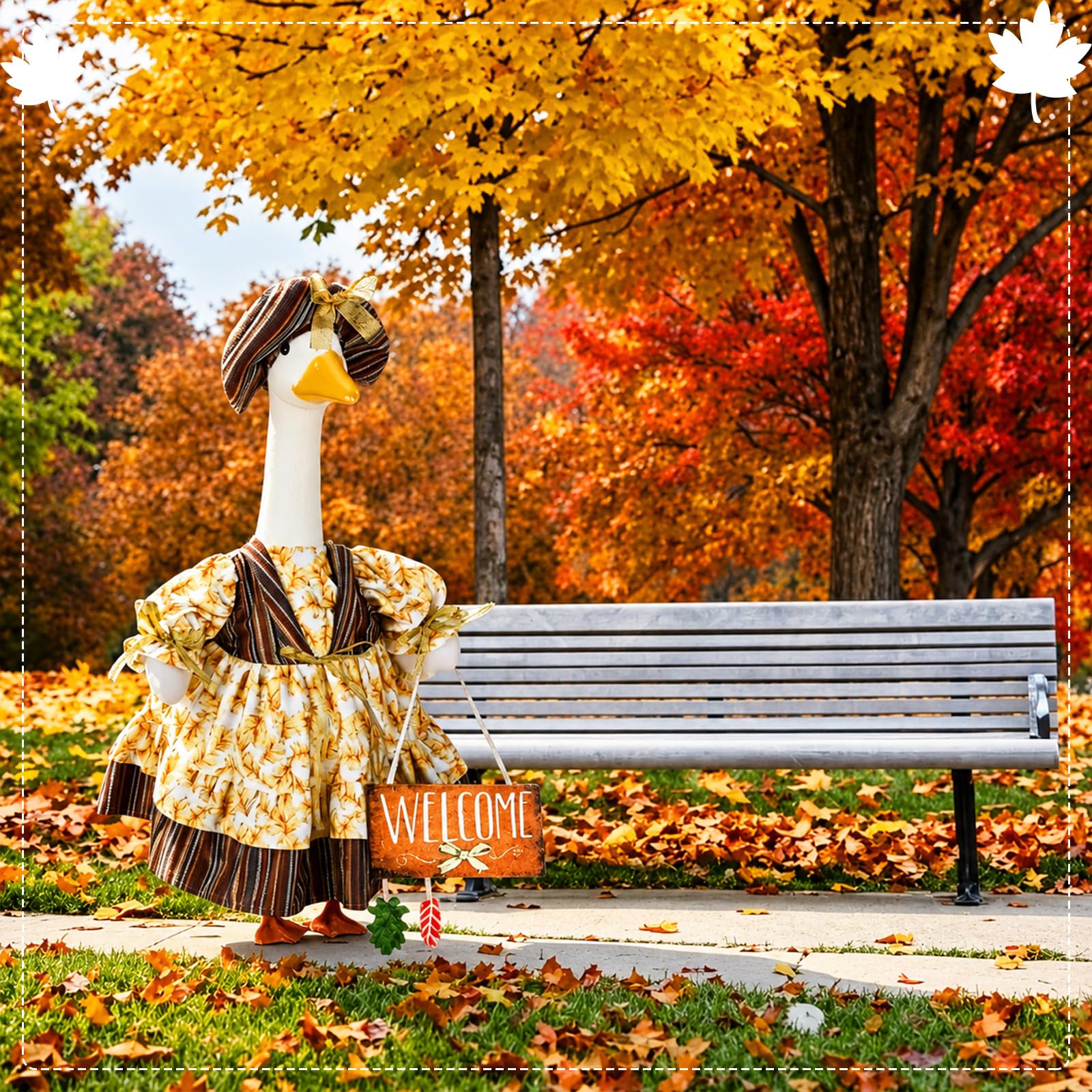 Suzile Fall Maple Porch Goose Outfit Autumn Goose Clothes for 23 Inch Cement or Plastic Geese Costume for Yard Lawn Outdoor Garden Patio Concrete Duck Statue Dress Thanksgiving Party Holiday Decor